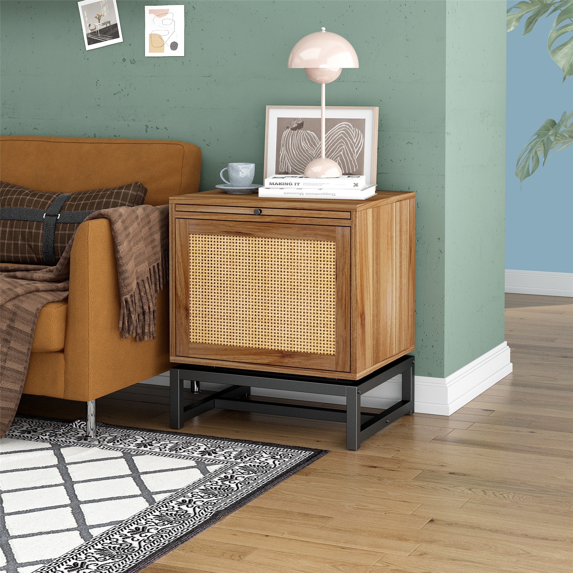 Natural Rattan Door Sofa End Table with Adjustable Pull Plate - Mycitystee