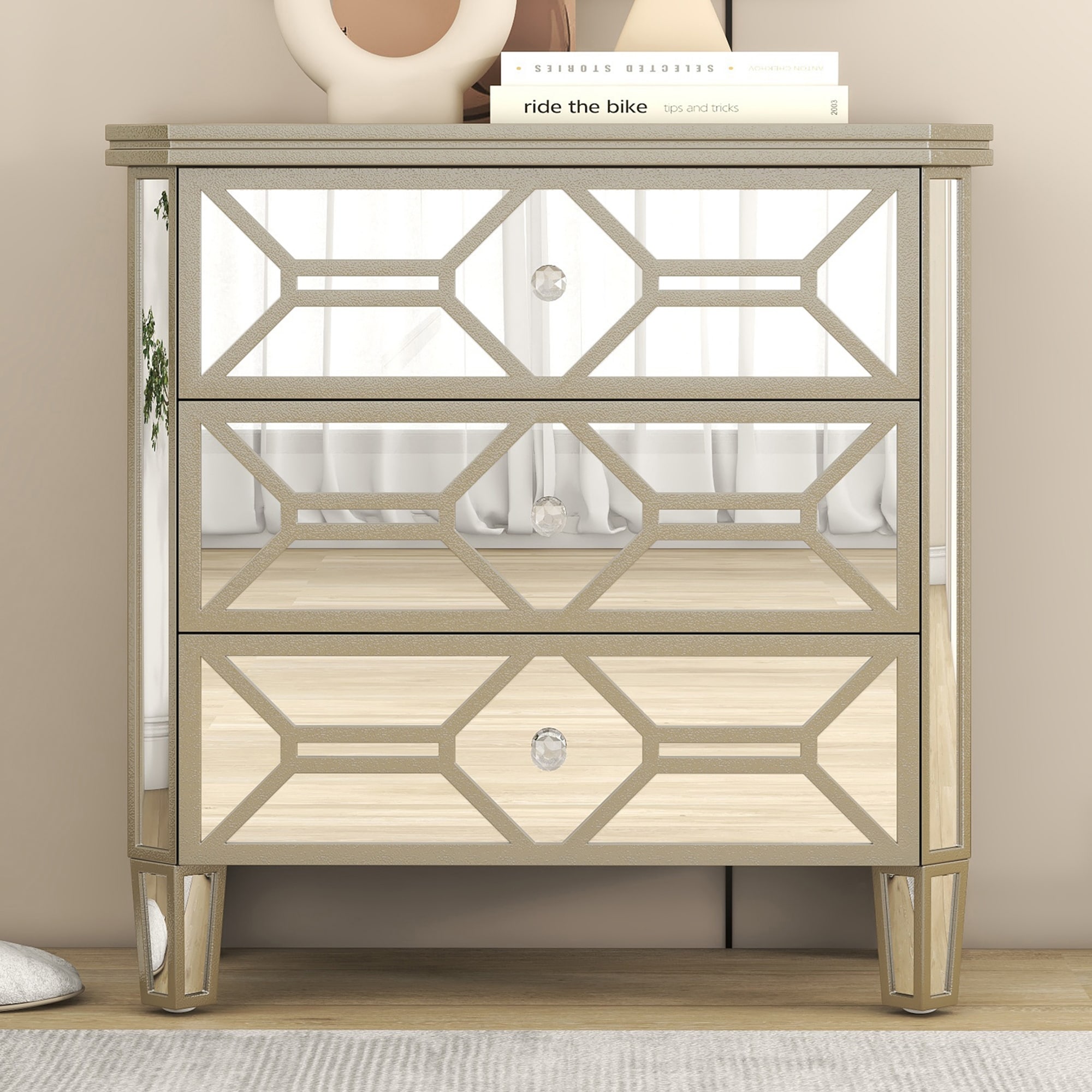 Elegant Mirrored 3-Drawer Chest with Golden Lines Storage Cabinet - - 37857299 - Mycitystee