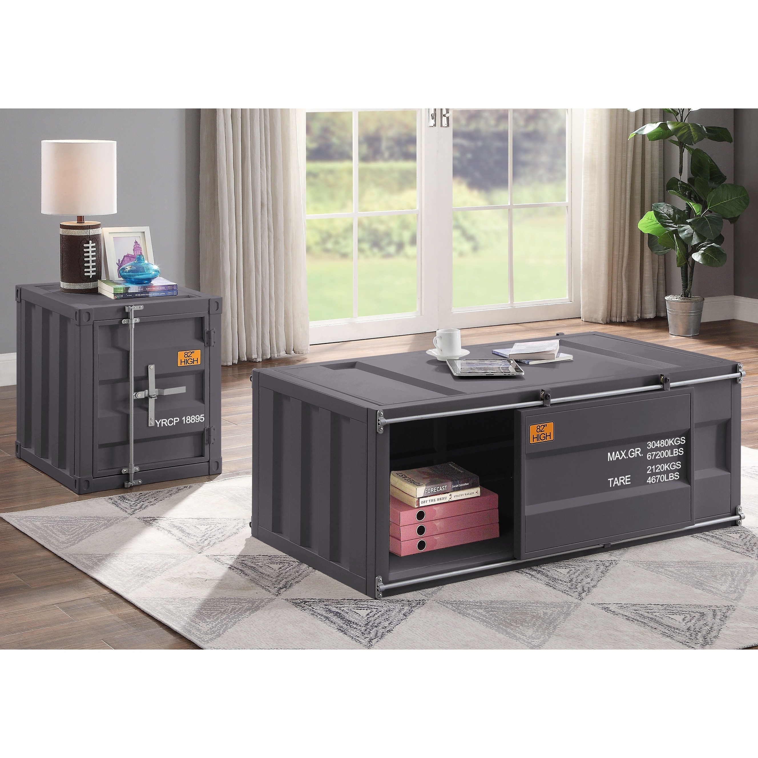 Cargo Coffee Table， Gunmetal Kd， Rectangular Coffee Table Storage: 1 Sliding Door Metal Frame， Recessed Panels - Mycitystee