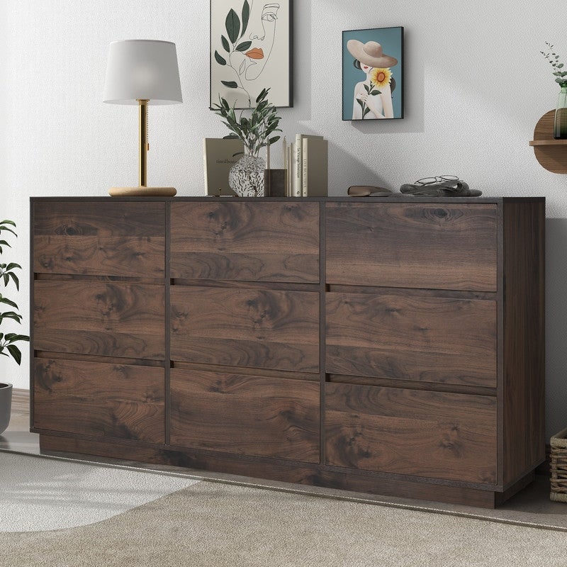 Modern Dresser with 9 Drawers in Walnut Finish ，Dark Brown - - 36884376 - Mycitystee