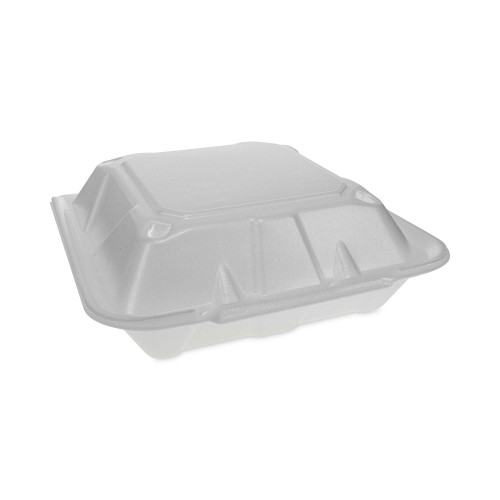 Pactiv Evergreen Vented Foam Hinged Lid Container， Dual Tab Lock Economy， 3-Compartment， 9.13 x 9 x 3.25， White， 150/Carton (YTD19903ECON) - Mycitystee