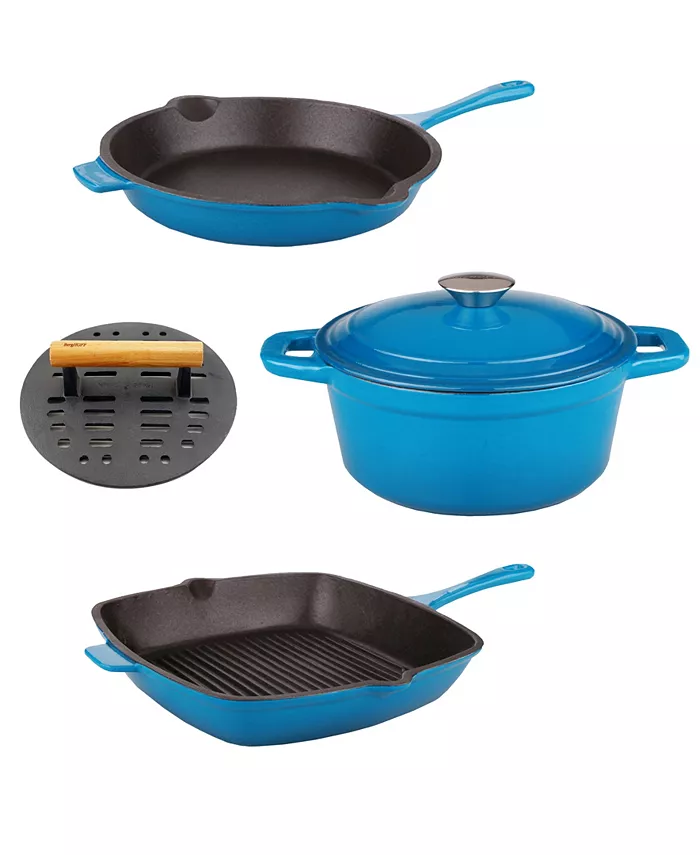 BergHOFF Neo Cast Iron Cookware 3 Quart Dutch Oven， Fry Pan， Grill Pan and Slotted Steak Press， Set of 4 - Mycitystee