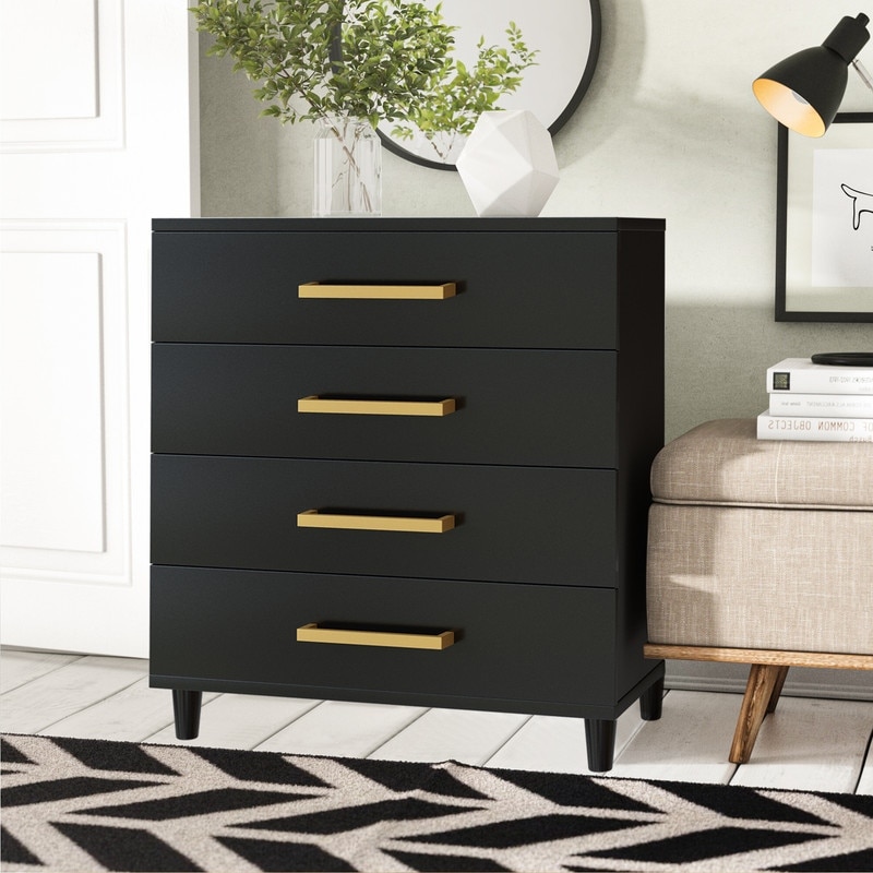 Grondin Transitional Style 4-Drawer Dresser with Golden Handles and Solid Rubberwood Legs， Modern Chest of Drawers - - 36899029 - Mycitystee