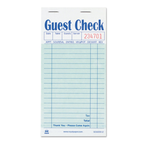 AmerCareRoyal Guest Check Book， Two-Part Carbon， 3.5 x 6.7， 1/Page， 50/Book， 50 Books/Carton (GC60002) - Mycitystee