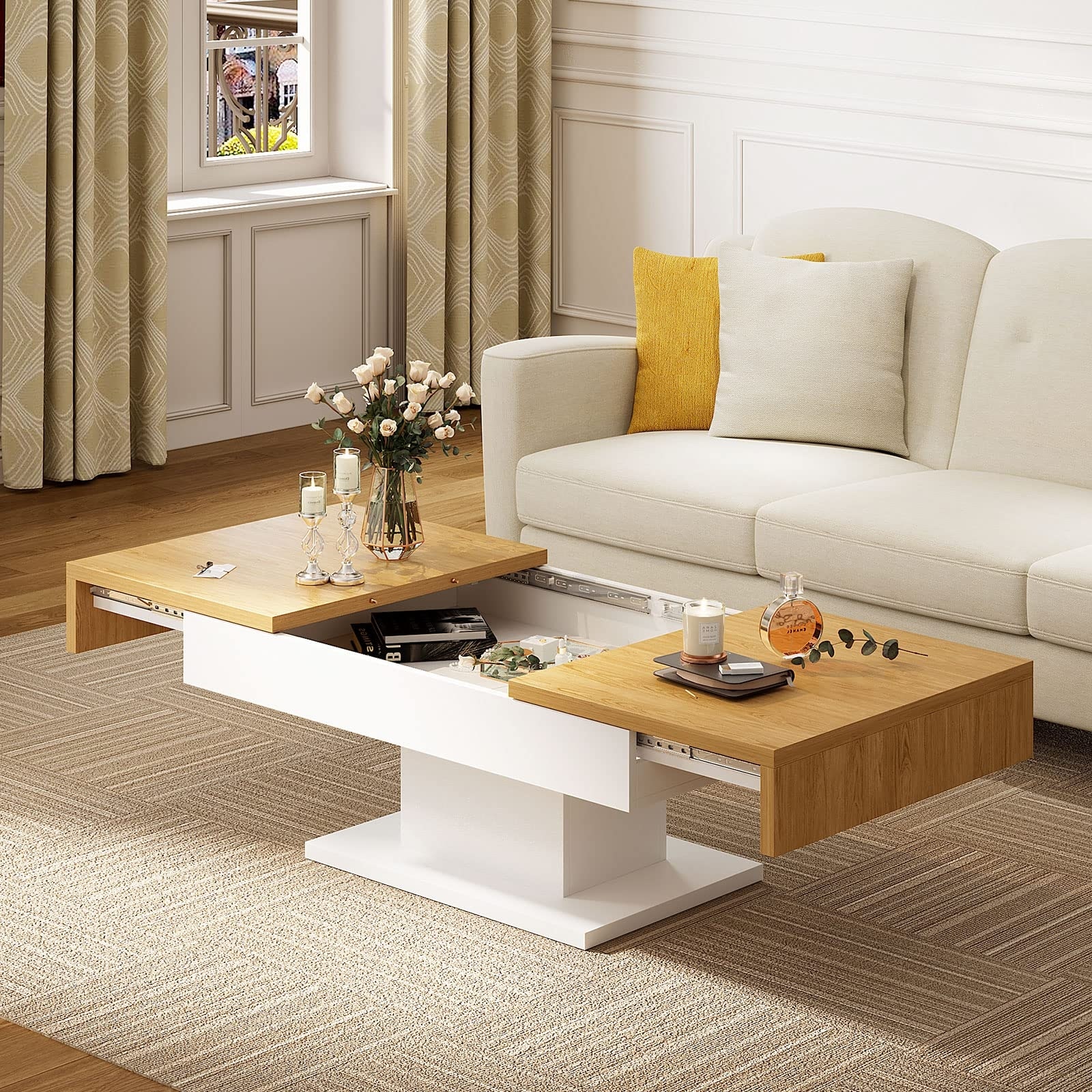 Wood Coffee Table for Living Room Sliding Top with Hidden Storage，Rectangle Modern Cocktail Table， Pull Out Center Table - Mycitystee