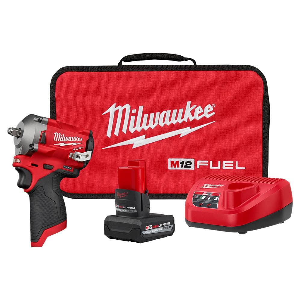 Milwaukee M12 FUEL 12-Volt Lithium-Ion Brushless Cordless Stubby 3/8 in. Impact Wrench Kit with (1) High Output 5.0 Ah Battery 2554-21HO - Mycitystee