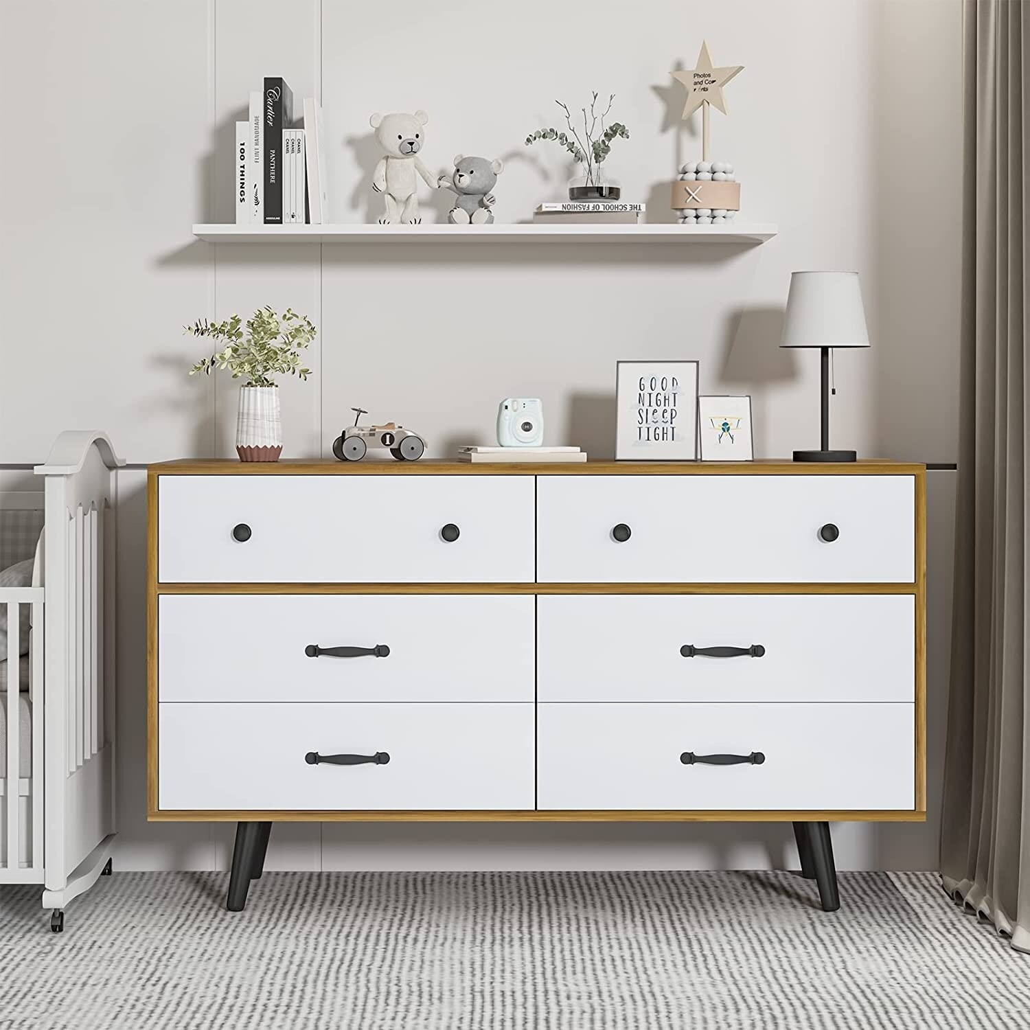 Modern White Dressers with Wide Chest of 6 Drawers， Mid Century Wood Storage Dresser Chest for Bedroom， Hallway - as picture - - 37668803 - Mycitystee