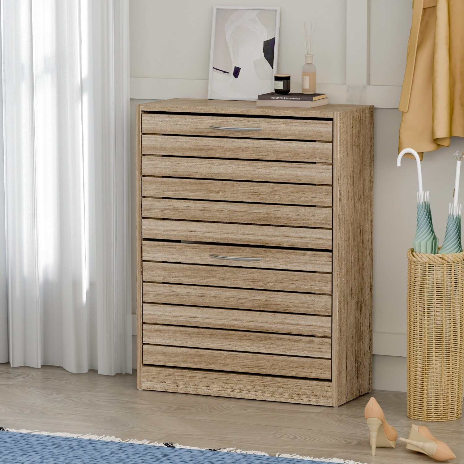 FAMAPY 8 Pair Shoe Storage Cabinet with 2 Drawers， Wood Louver Door - - 35372758 - Mycitystee