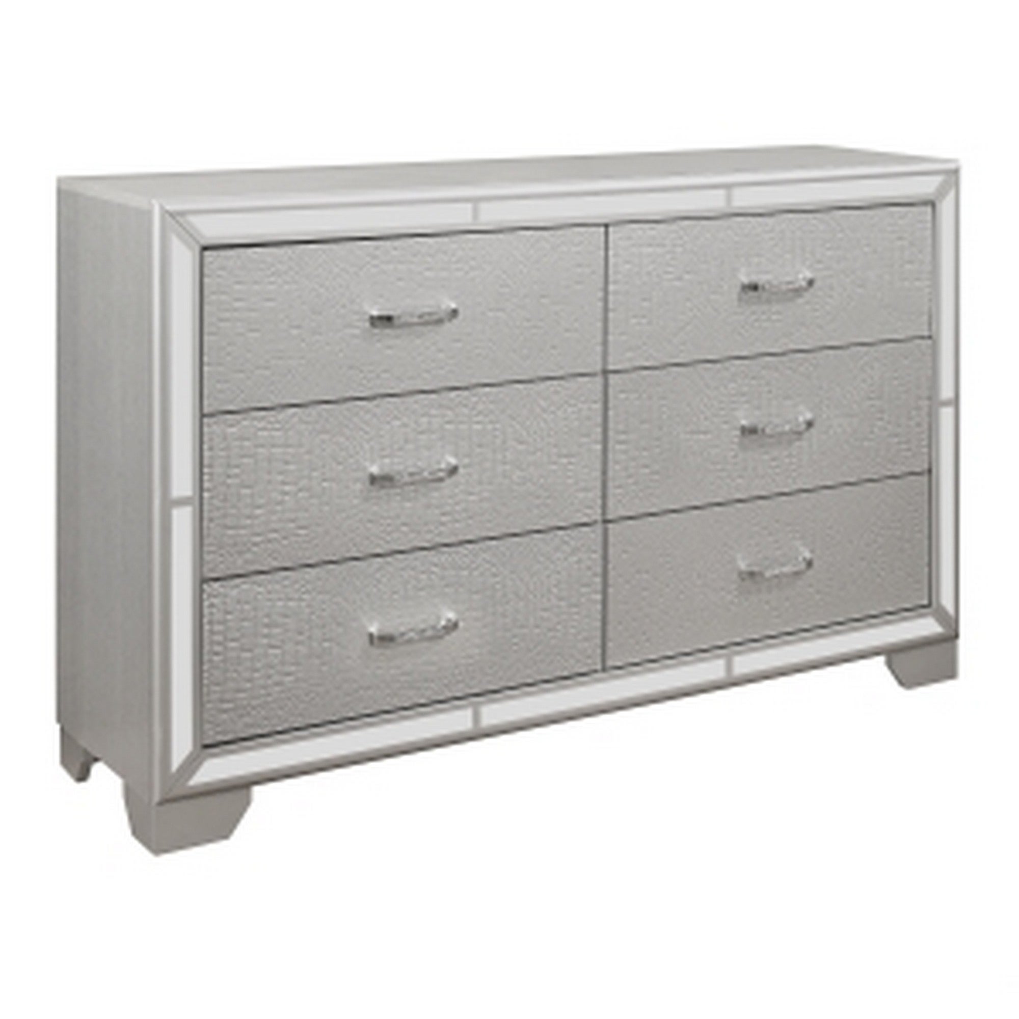 Aisha 59 Inch Modern 6 Drawer Dresser， Embossed Mirror Trim Front， Silver - - 37609523 - Mycitystee