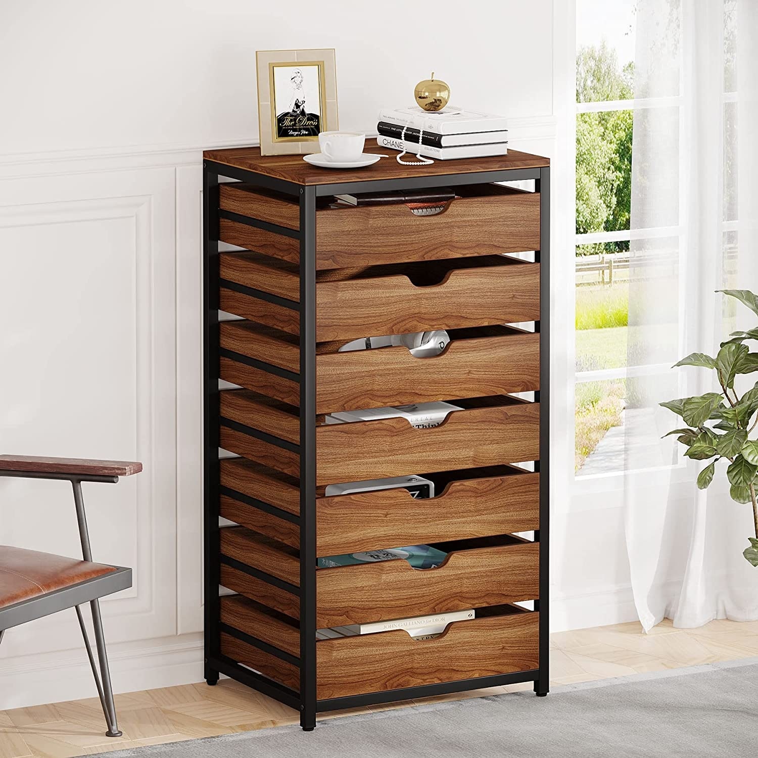 7 Drawer Chest， Wood Storage Dresser Cabinet with Metal Legs， Industrial Tall Storage Tower Organizer Unit - - 36265951 - Mycitystee