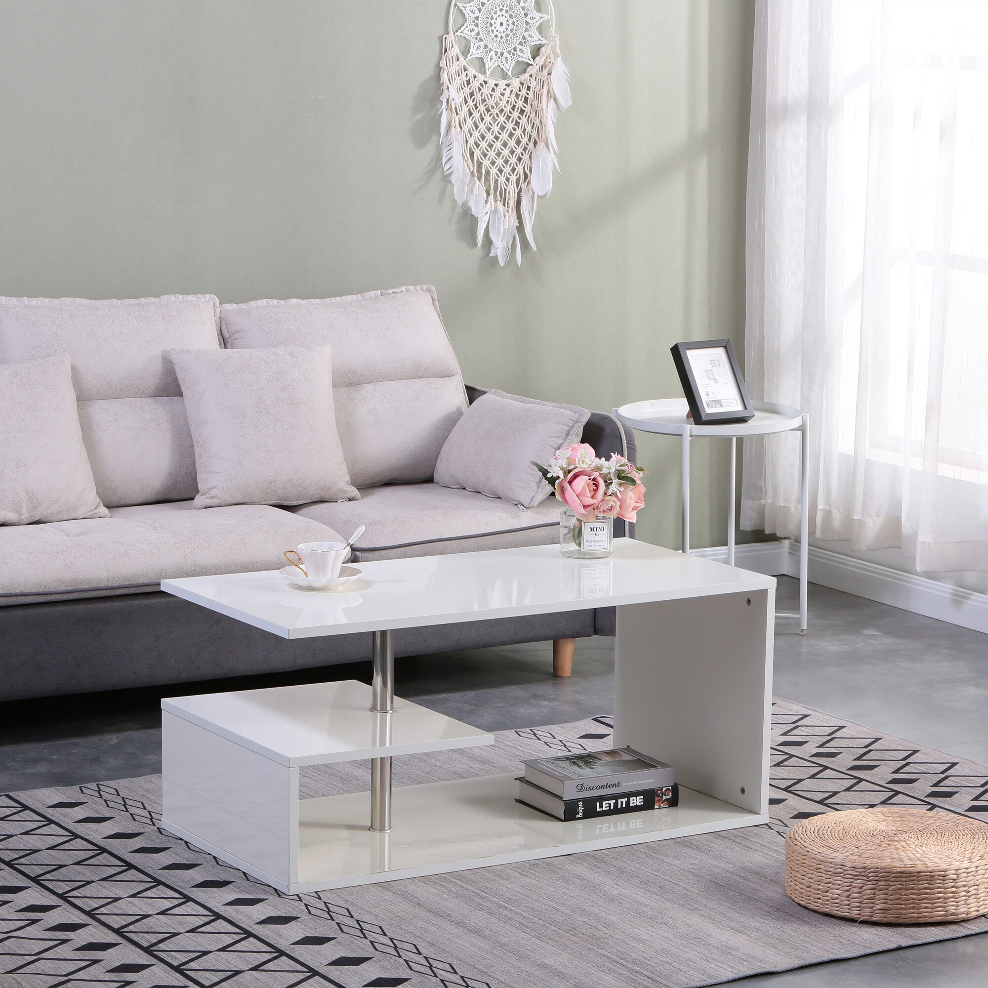 LED Coffee Table for Living Room， Modern Coffee Table， High Gloss White Finish Centre Sofa Table - Mycitystee