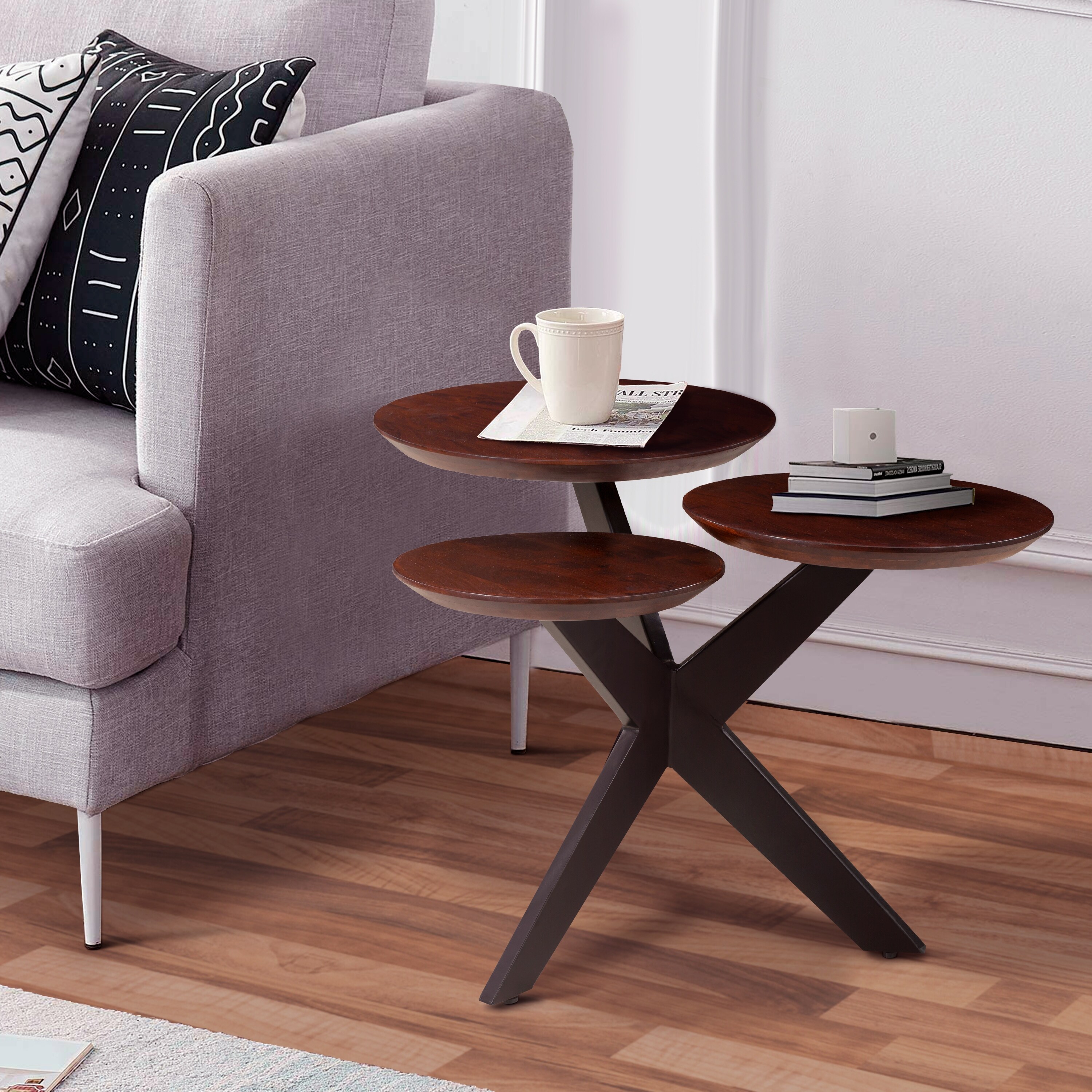 Modern Coffee Table with 3 Tier Wooden Top and Boomerang Legs - Mycitystee