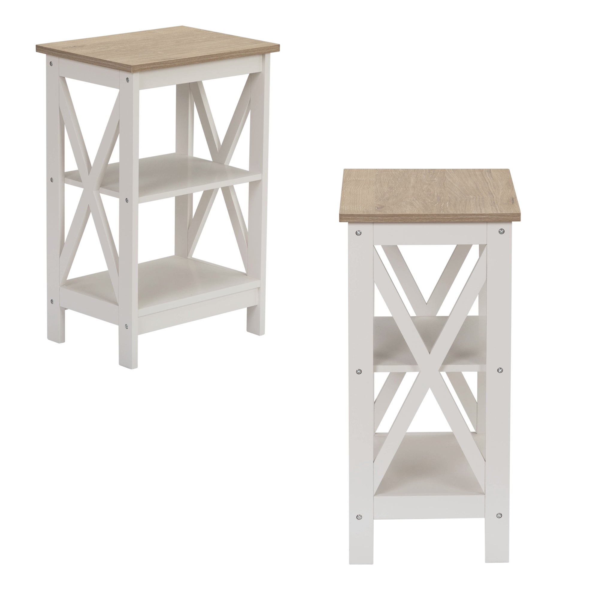 Set of 2 End Table， 3-Tier Wood Nightstand Side Table with X-Design Side for iving Room， Bedroom， Ivory White - Mycitystee