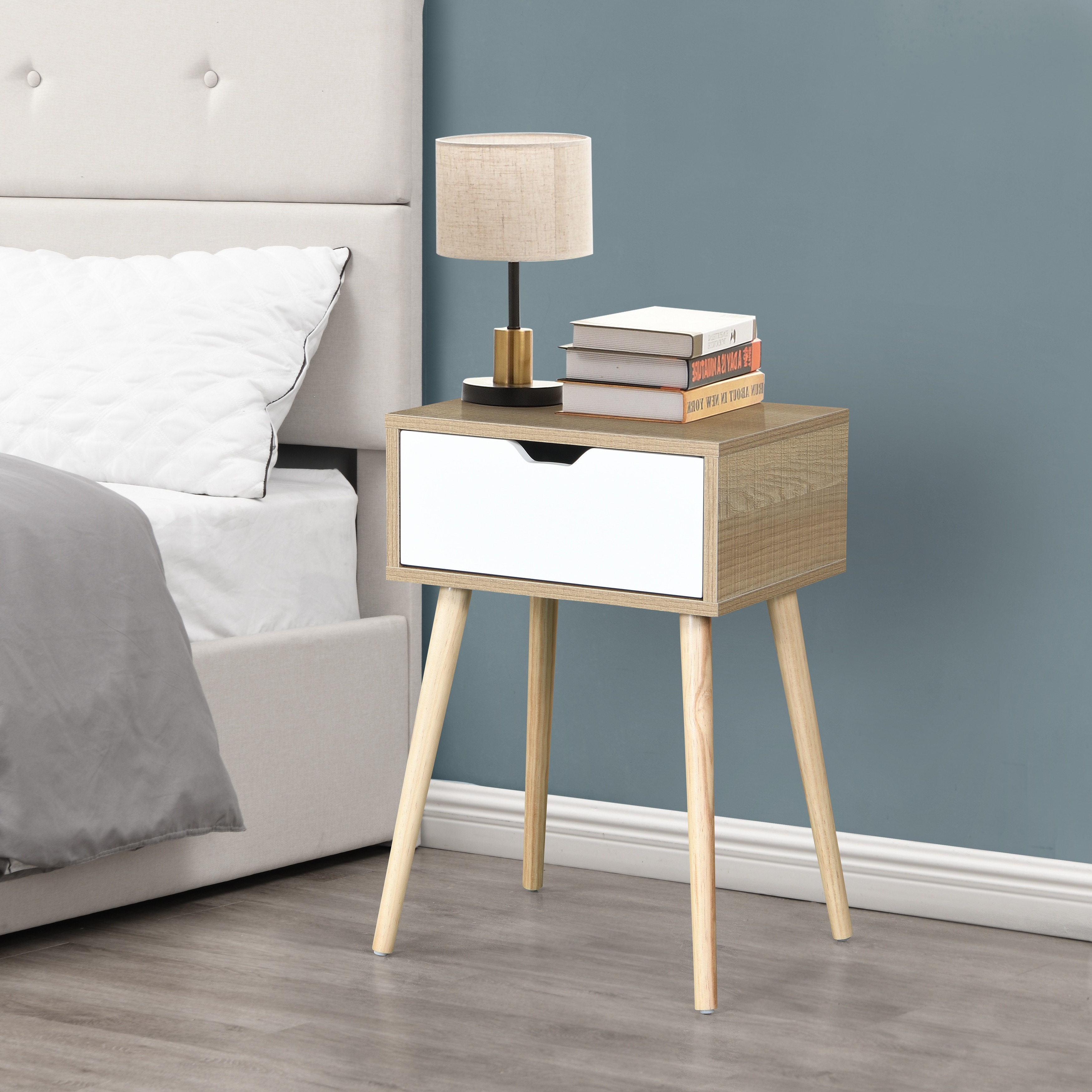 Side Table with 1 Drawer and Rubber Wood Legs， Mid-Century Modern Storage Cabinet for Bedroom Living Room - Mycitystee