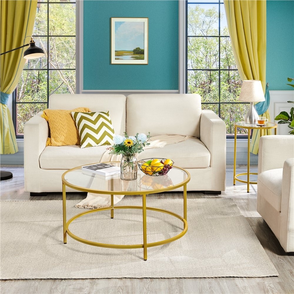 Round Modern Glass-Top Coffee Table， Gold - Mycitystee
