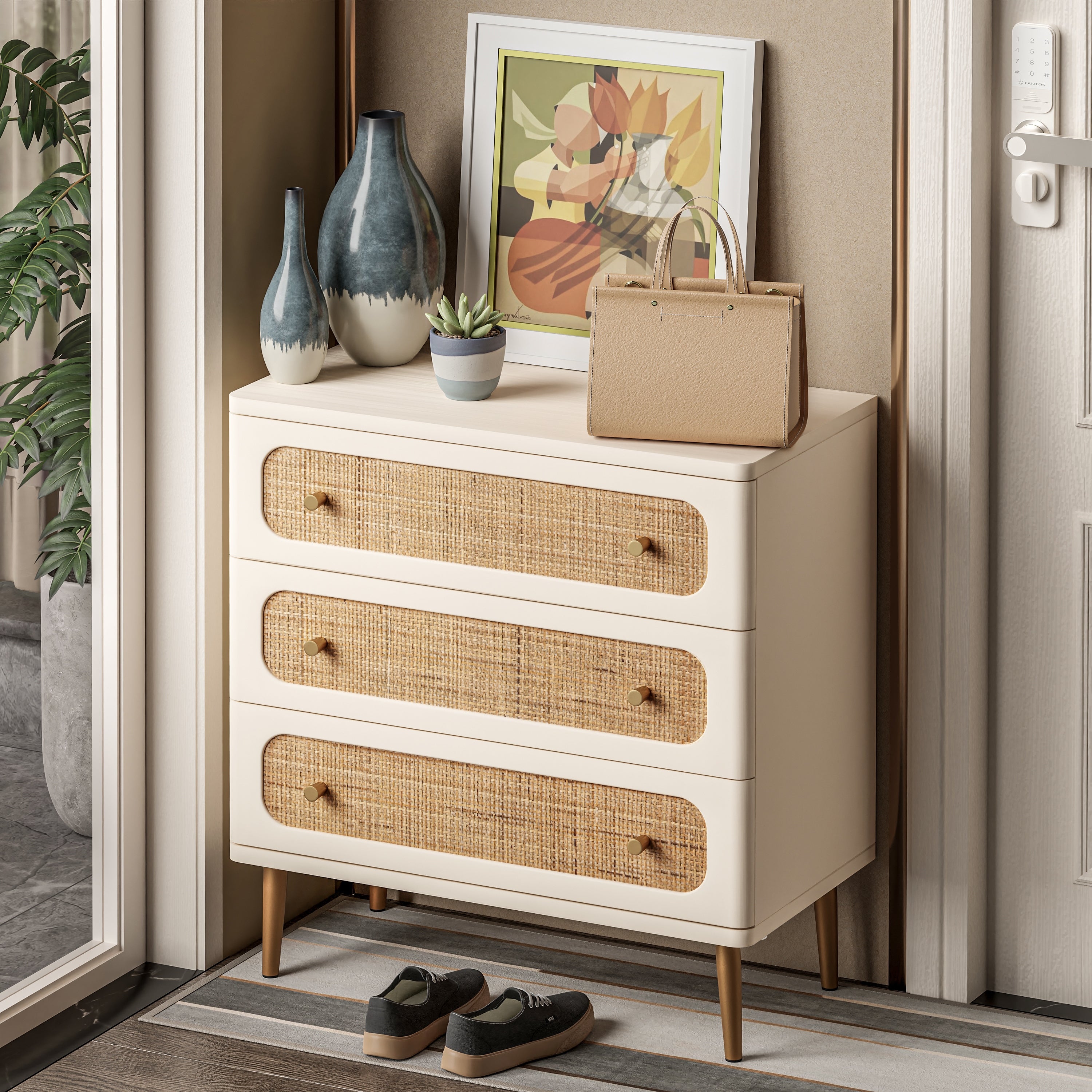 COZAYH Wicker Rattan Chest of Drawers， Farmhouse Wooden Storage Cabinet， Modern Accent Table， Boho Mid-Century Coastal Sideboard - - 37042389 - Mycitystee