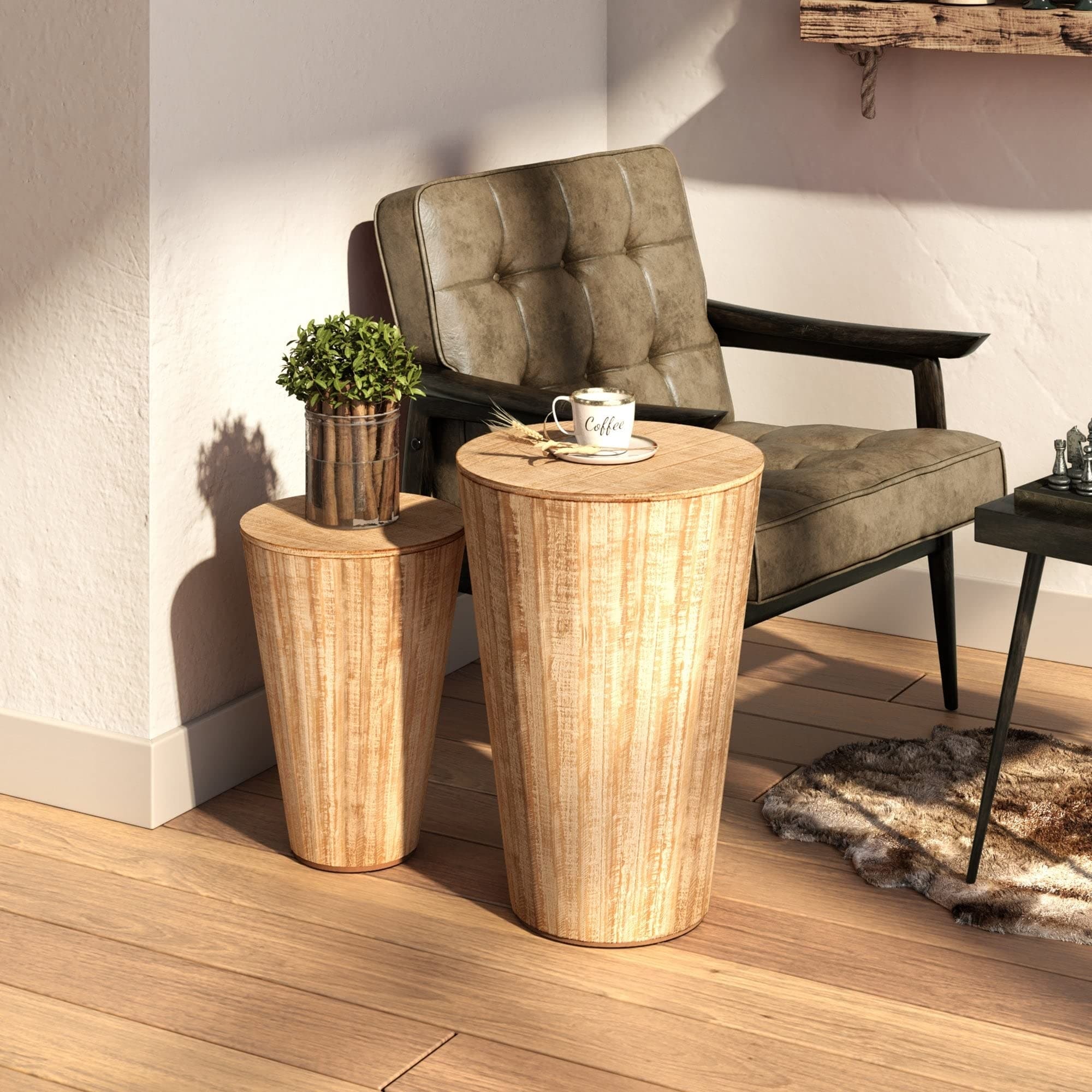 Nesting Barrel Side Table， Rustic Space Saving Storage End Table Set， Natural Distressed Finish - as picture - Mycitystee