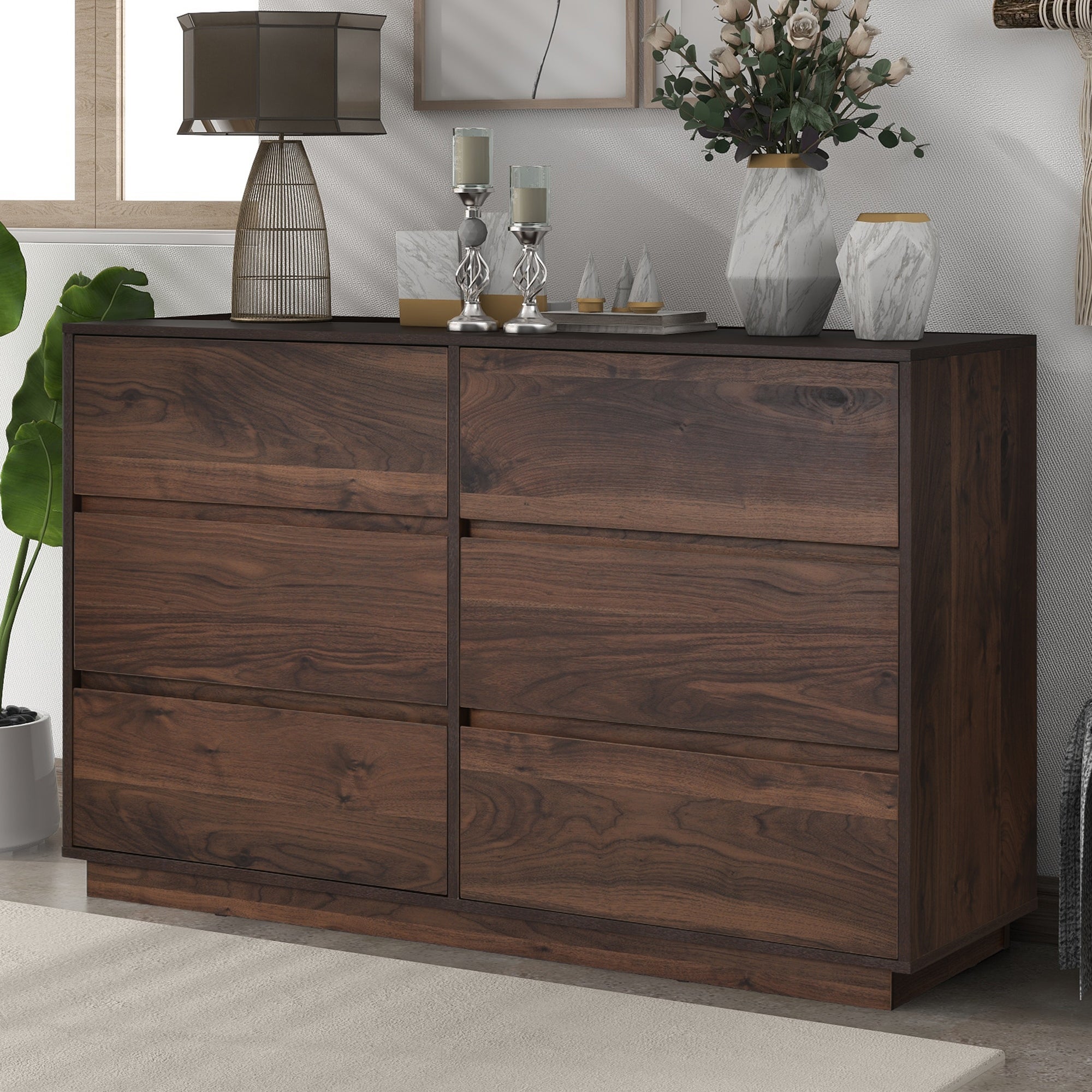 6 Drawers Dresser in Dark Walnut Finish， Dark Brown - - 35439620 - Mycitystee