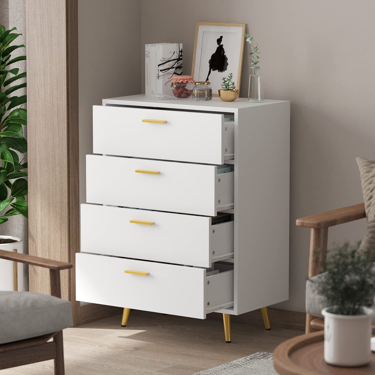 4 Drawers Chest， Modern Drawers Dresser with Gold Metal Legs Wood Storage Cabinet， Chest of Drawer Cabinet - as picture - - 37669013 - Mycitystee