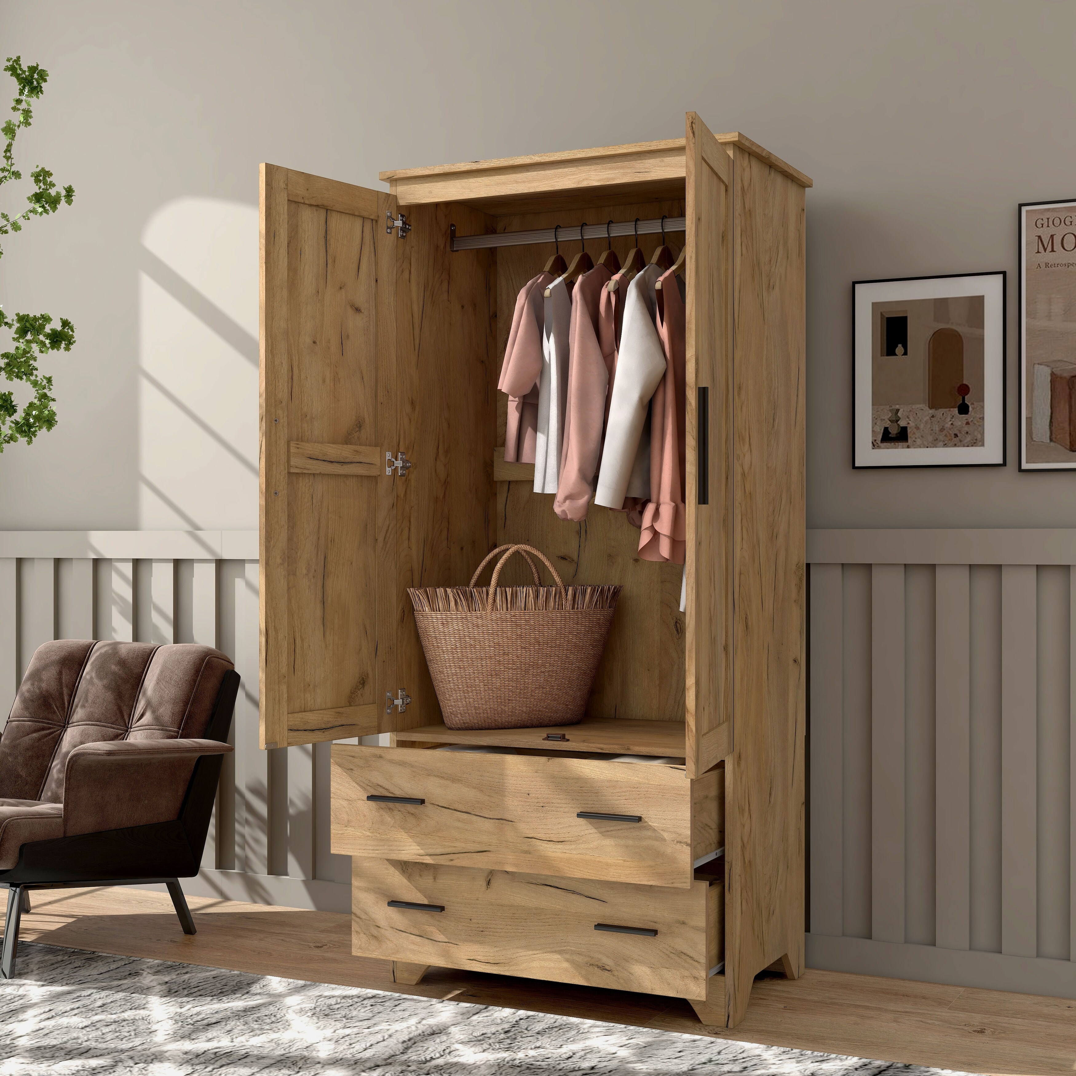 DH BASIC Transitional Light Oak Armoire with Drawers by Denhour - - 37315821 - Mycitystee