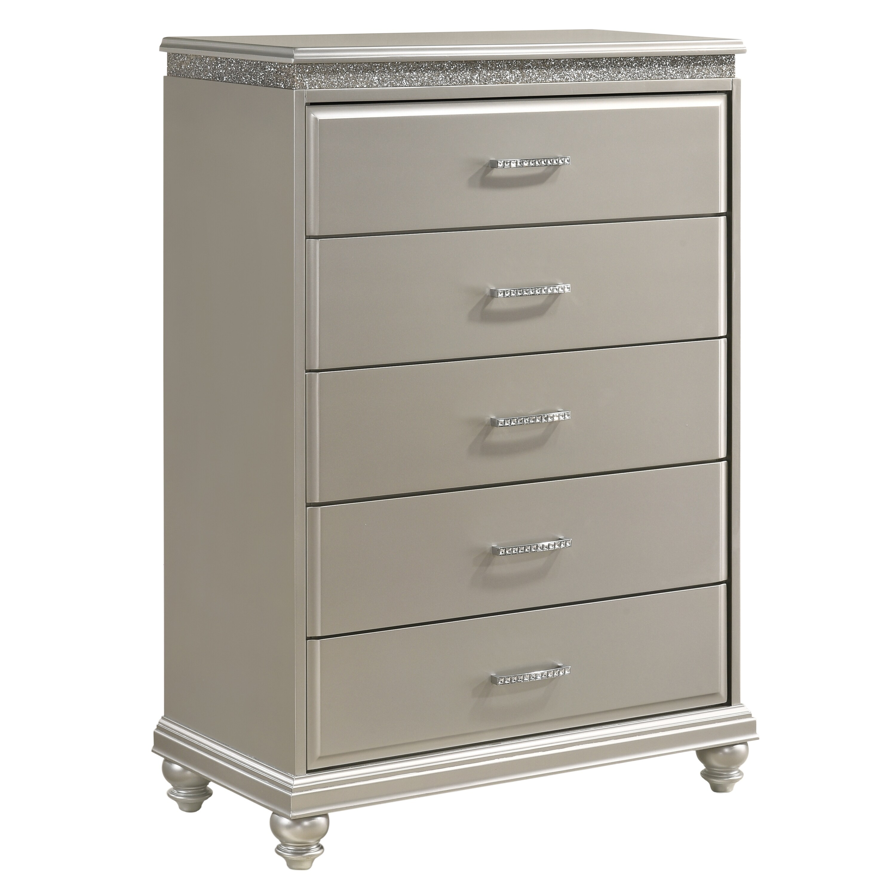 53 Inch 5 Drawer Tall Dresser Chest， Faux Diamond Inlay， Champagne Silver - - 31269594 - Mycitystee