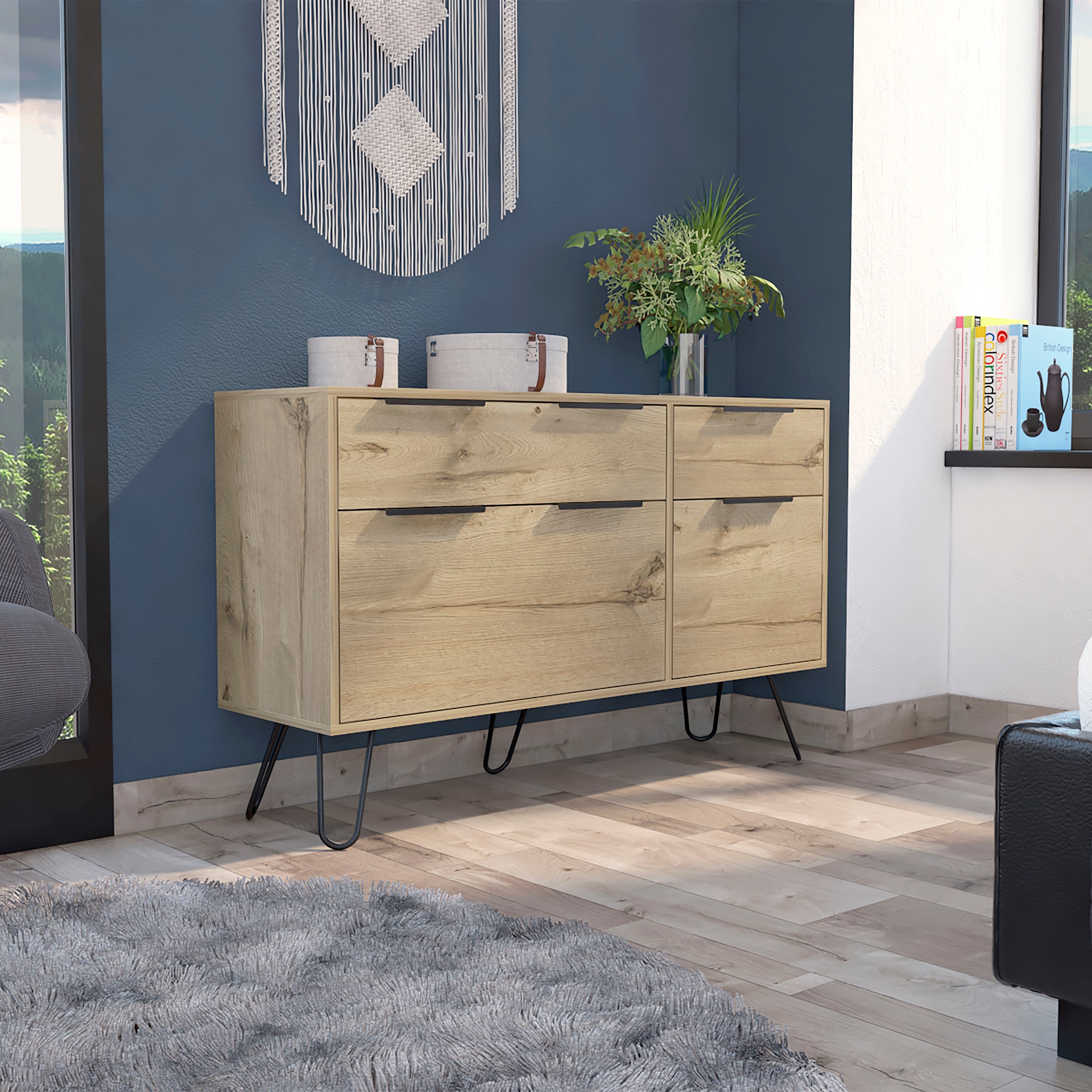 4-Drawer Dresser with metal legs， Light Oak - - 37397819 - Mycitystee