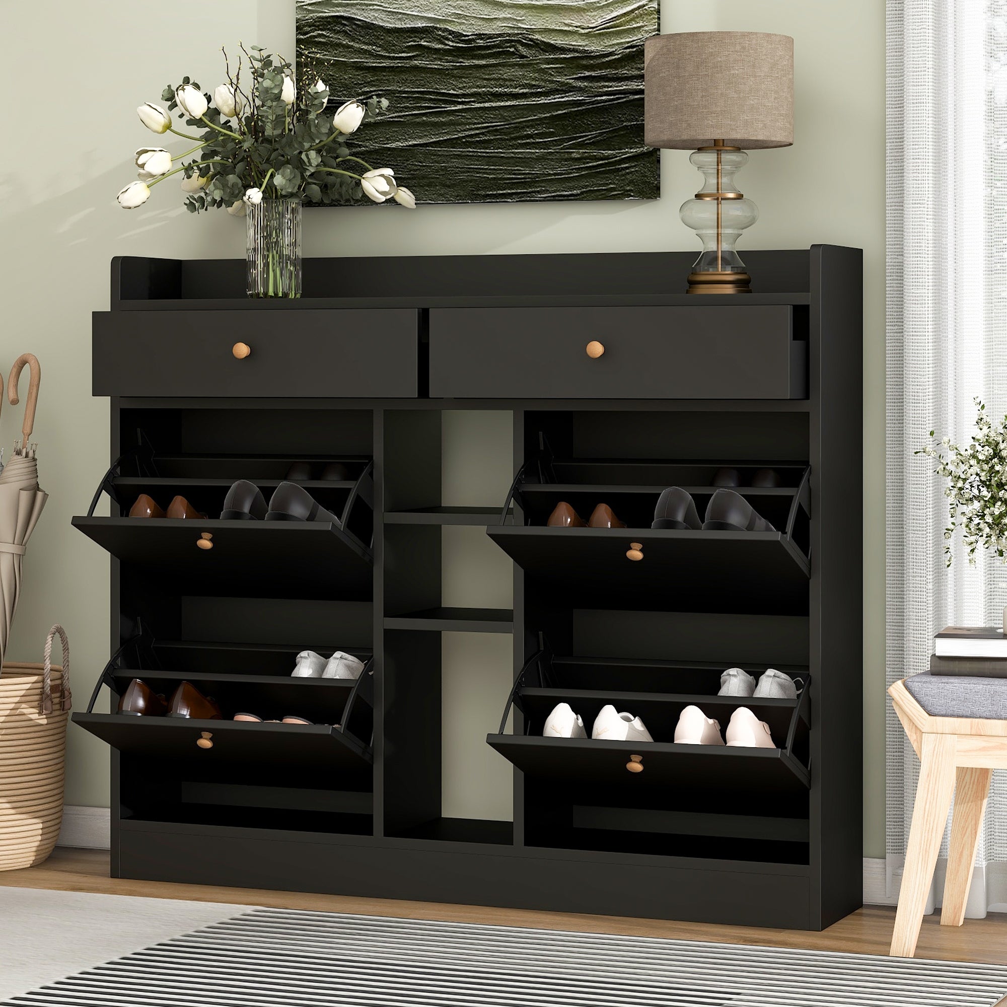 Modern Shoe Cabinet with 4 Flip Drawers， Multifunctional 2-Tier Free Standing Shoe Rack with 2 Drawers， for Entrance Hallway - - 37534627 - Mycitystee