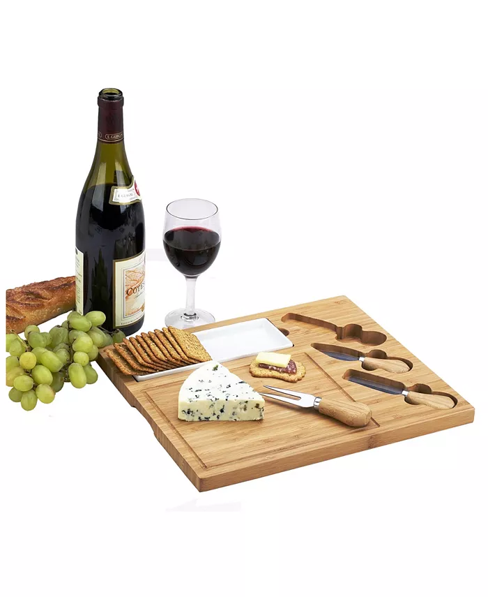 Picnic At Ascot Celtic Bamboo Cheese Board with Ceramic Dish and 3 Cheese Tools - Mycitystee