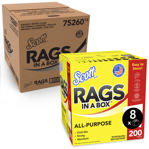 Scott Rags in a Box， POP-UP Box， 10 x 12， White， 200/Box， 8 Boxes/Carton (75260CT) - Mycitystee