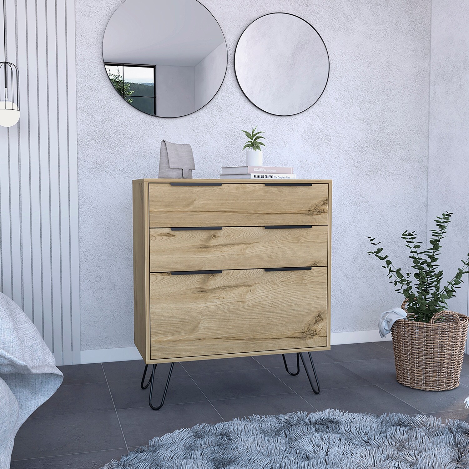Wooden Dresser with Hairpin Legs，Superior Top and Three Drawers - - 37823747 - Mycitystee