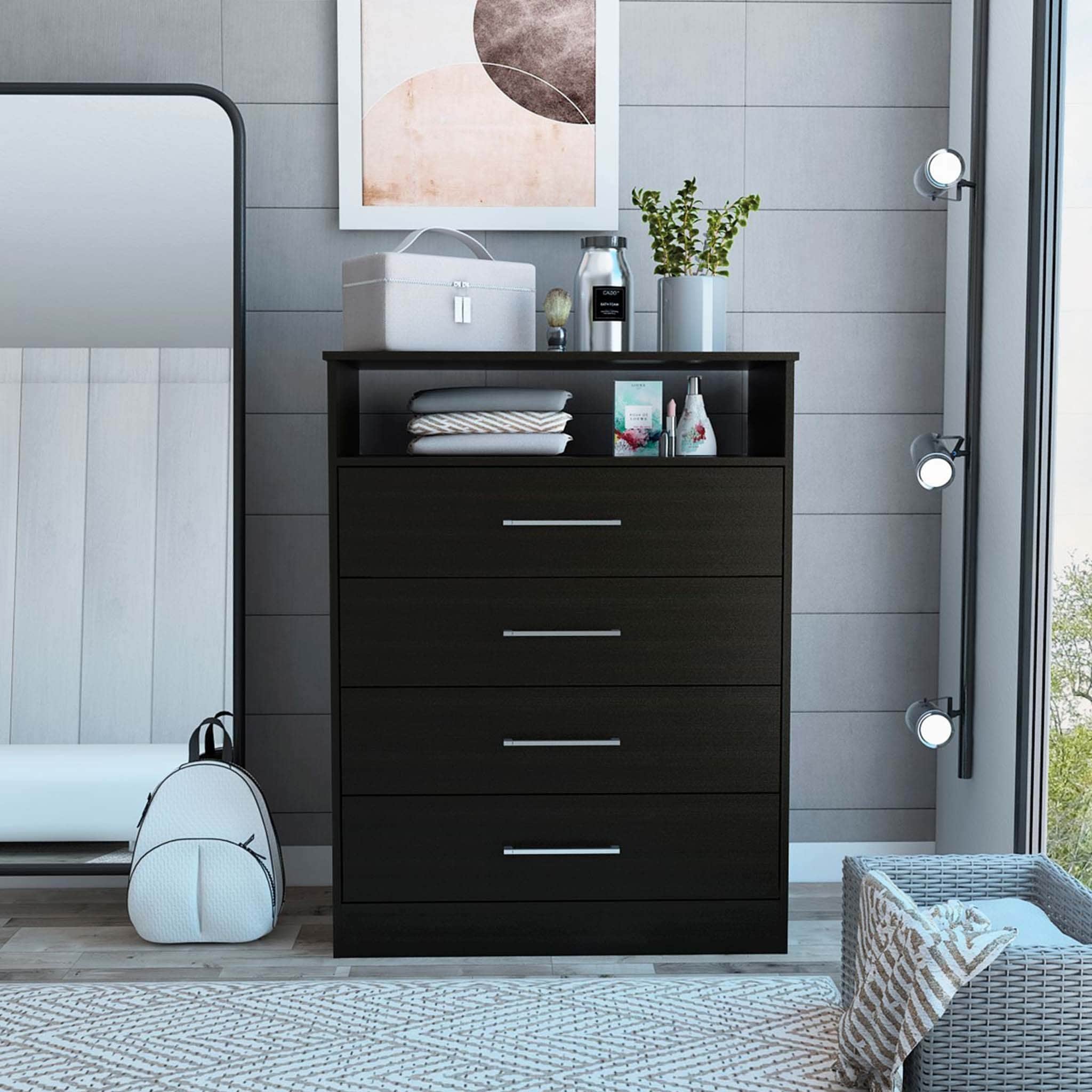 Modern Black Four Drawer Dresser with Hutch - - 35452977 - Mycitystee