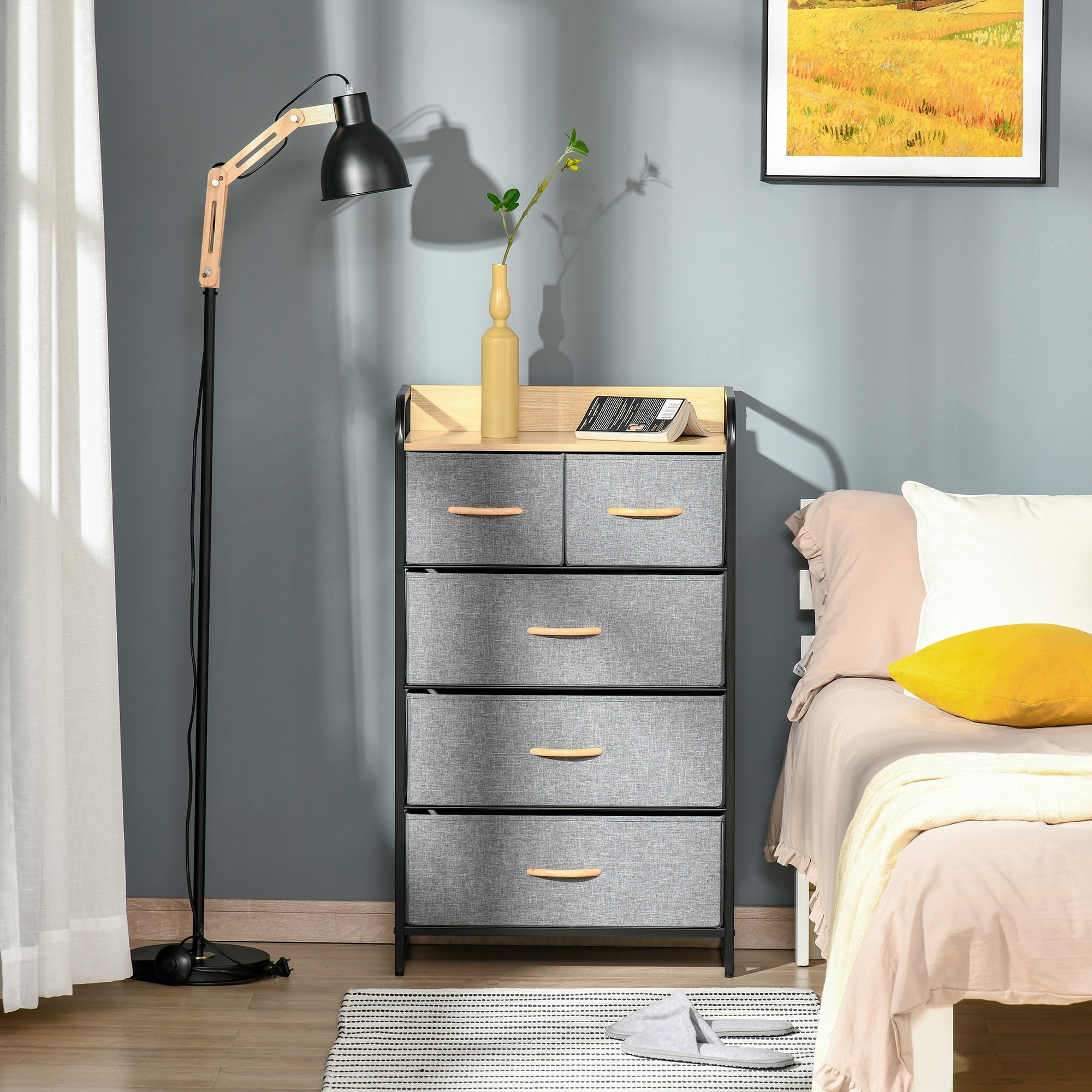 HOMCOM 5-Drawer Dresser Tower 4-Tier Storage Organizer with Steel Frame Wooden Top for Bedroom Hallway Closets - - 34307806 - Mycitystee