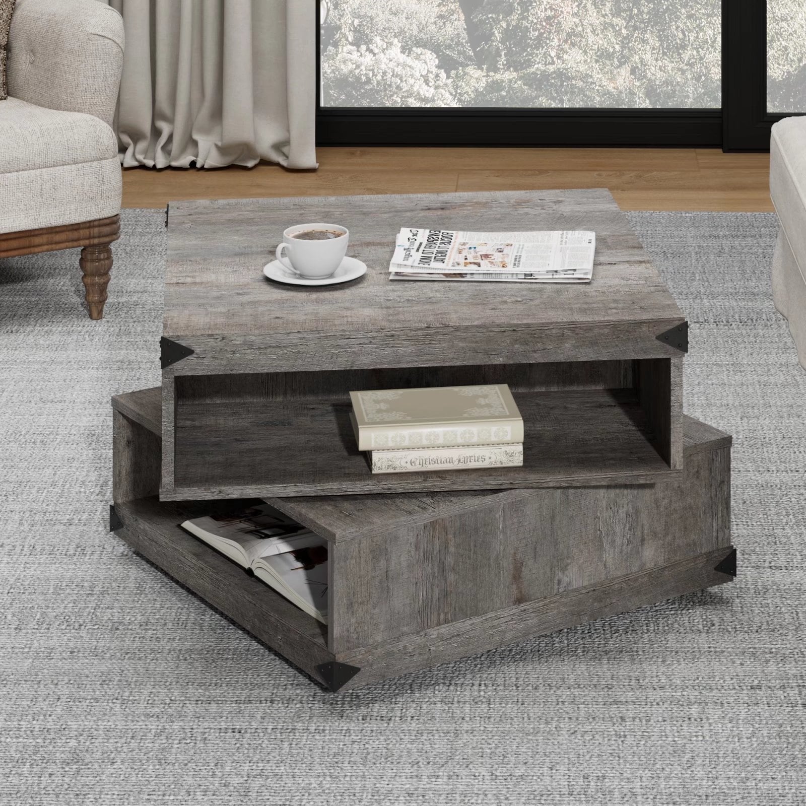Rotating Coffee Table Accent Table， Square Center Table， 25.5 Inch - Mycitystee
