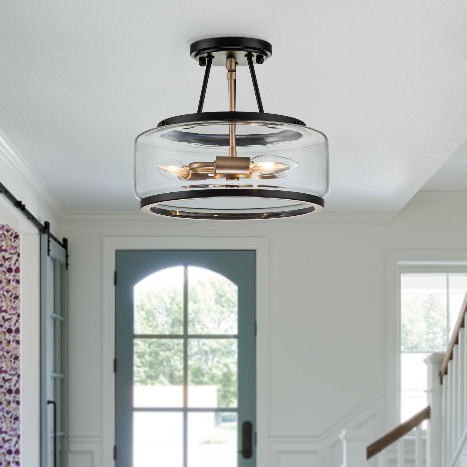3 - Light Industrial-style Black Lantern Glass Semi Flush Mount - Mycitystee