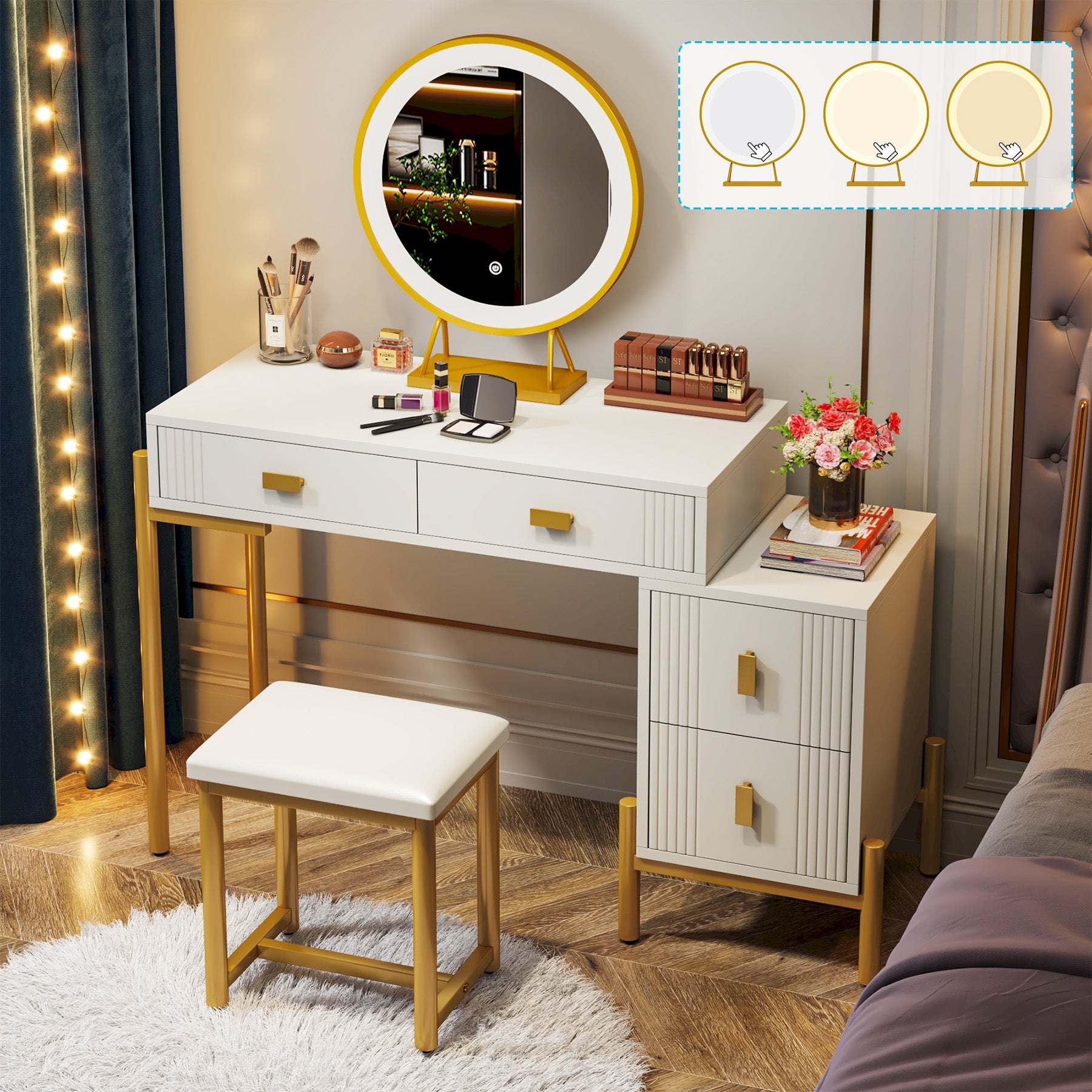 White Gold Vanity Desk with Lights and Mirror， Makup Vanity with Chair and Storage Cabinet - - 37839004 - Mycitystee
