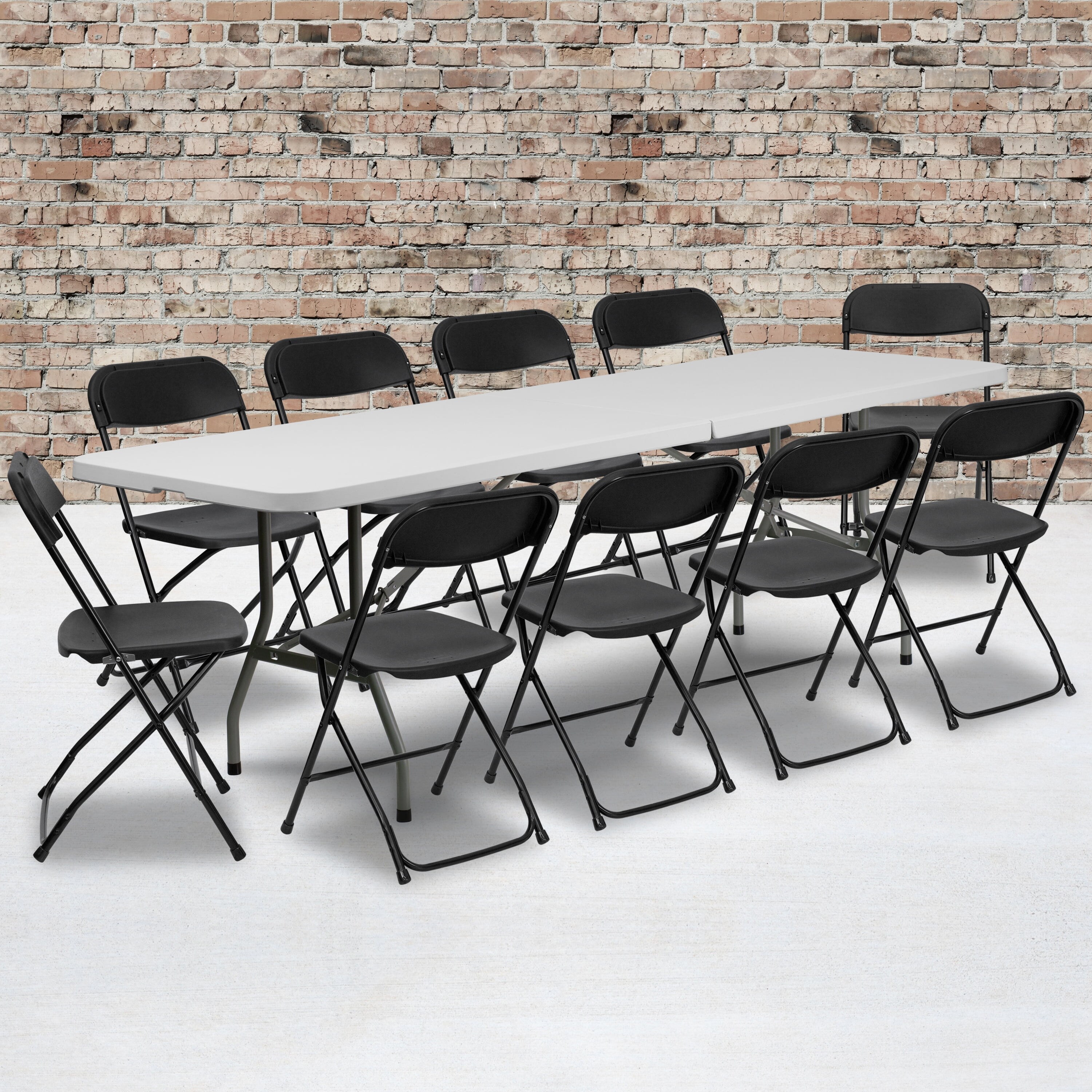 8' Bi-Fold Granite White Plastic Event/Training Folding Table Set with 10 Folding Chairs - Mycitystee