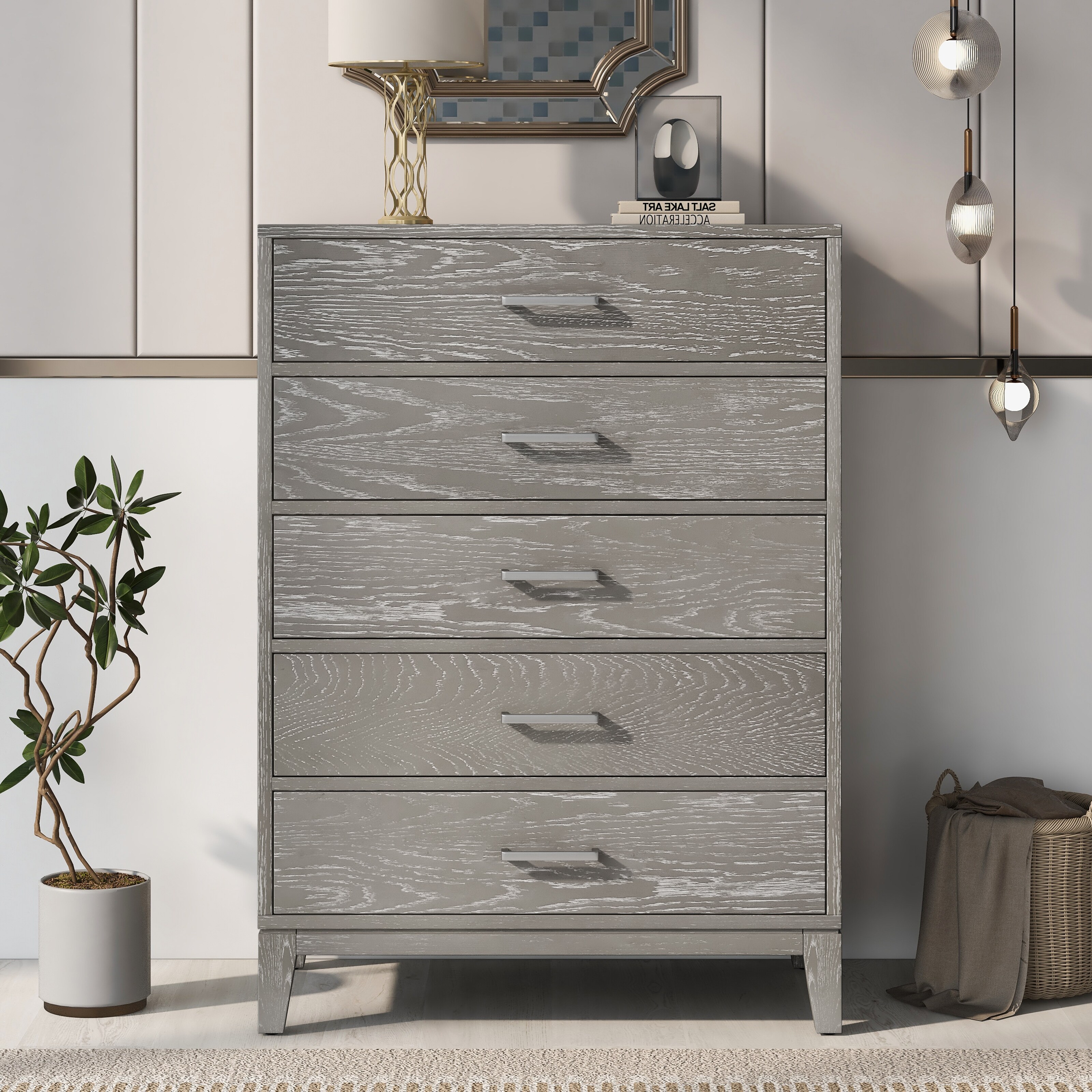 Modern Concise Style Solid wood Grey grain 5-Drawer Chest - - 37570178 - Mycitystee