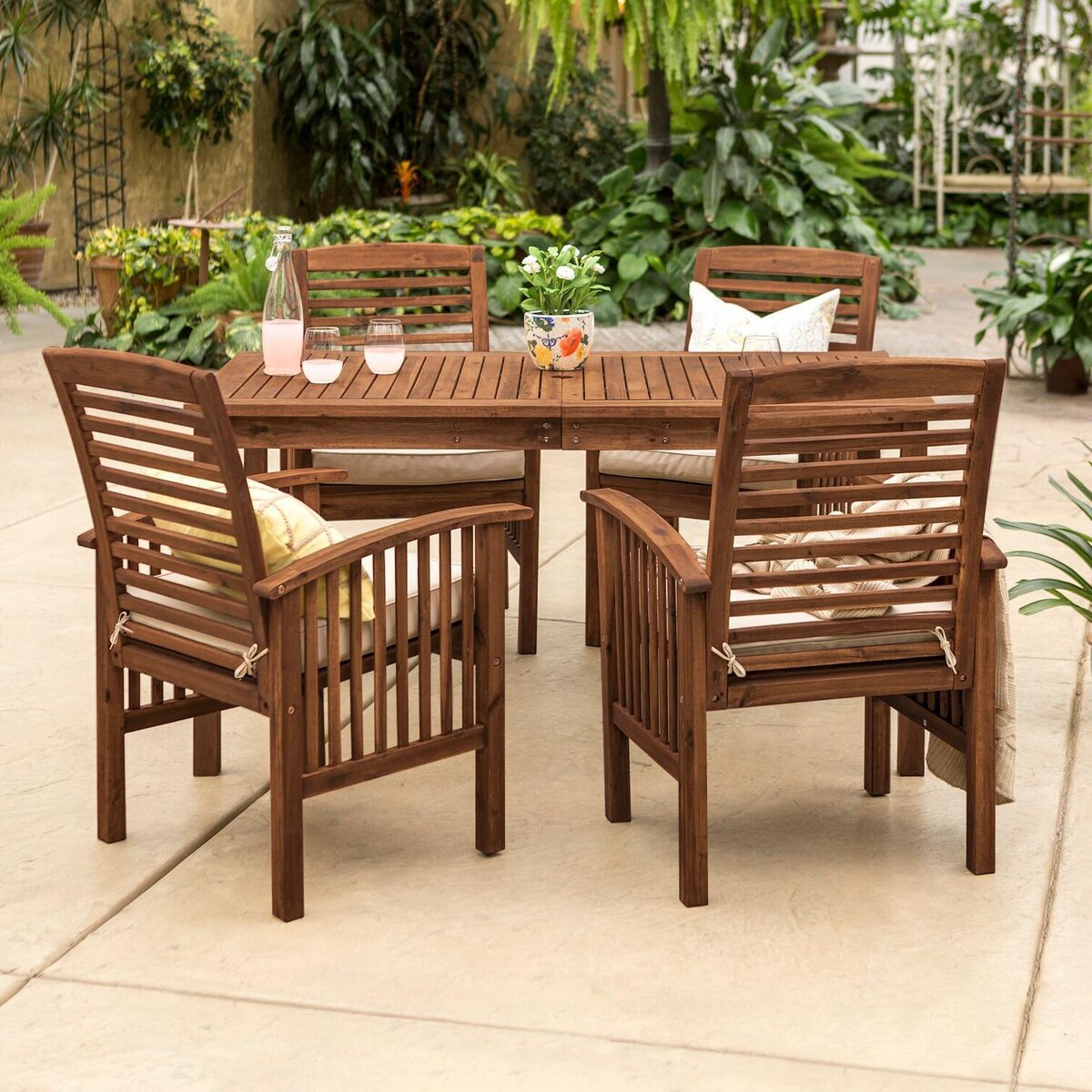 Ultimate Patio Horizon Way 5 Piece Dark Brown Acacia Patio Dining Set W/ 60 X 34 Inch Rectangular Table and Natural Cushions - Mycitystee