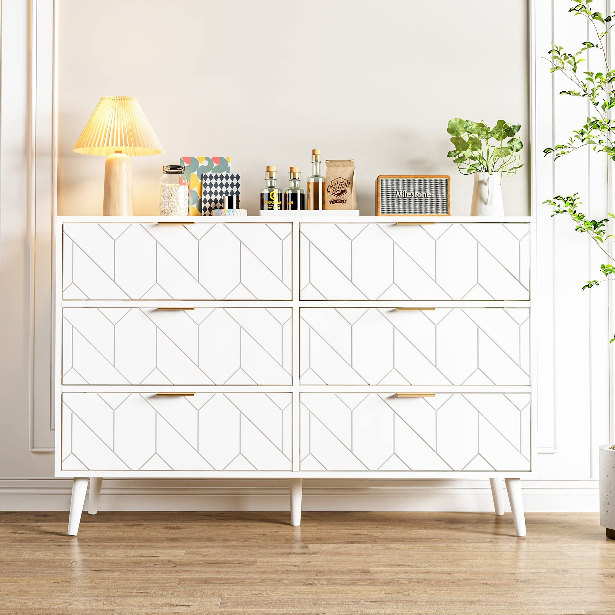 White Dresser for Bedroom， 6 Drawer Dresser with Gold Handles and Soild Wood Legs， Wide Chest of Drawers Modern Bedroom Dresser - - 37668876 - Mycitystee