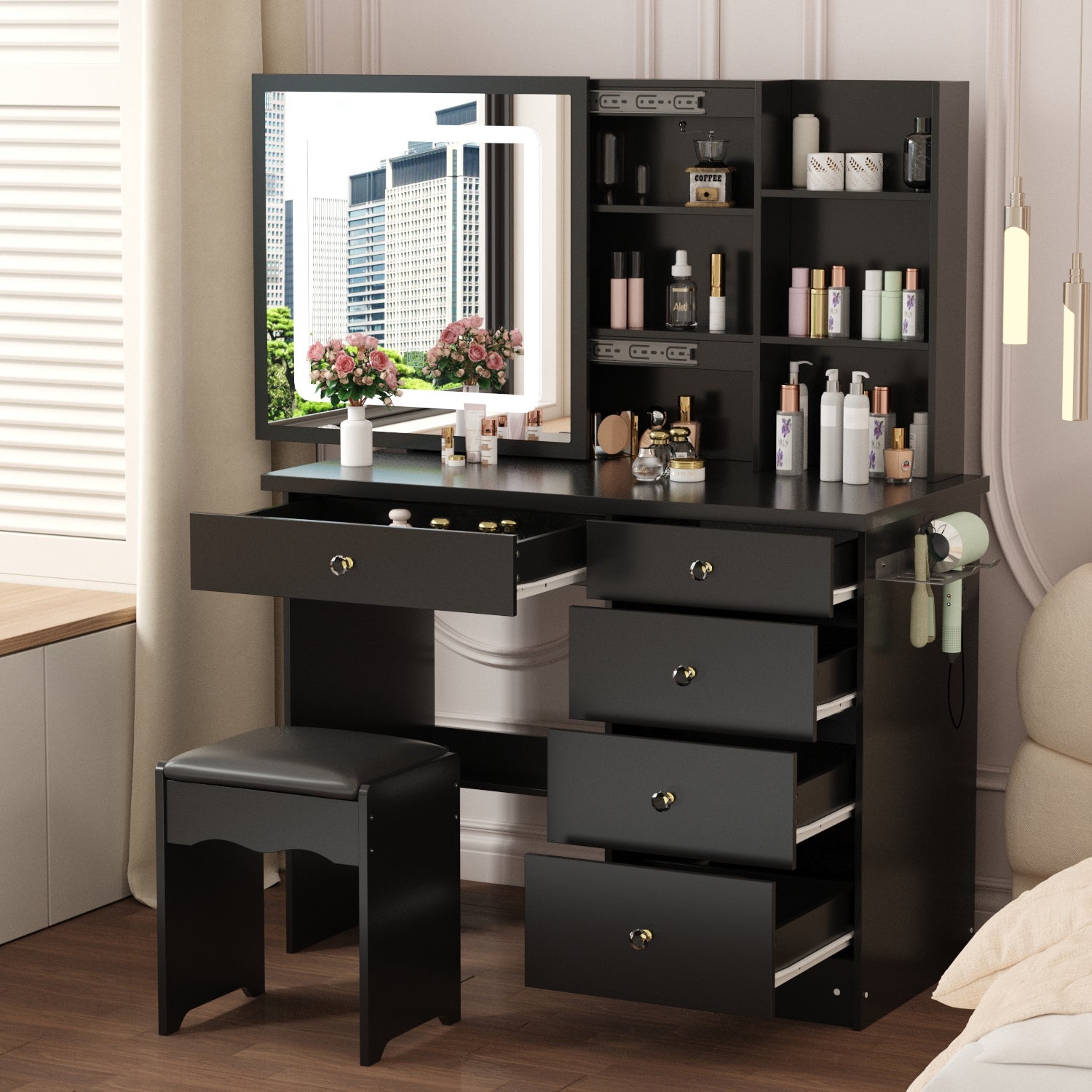 Vanity Desk Lighted Mirror Makeup Vanity Table Set w/Charging Station - - 37827895 - Mycitystee
