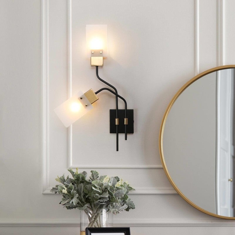 Modern Black Gold 2-Light Wall Sconce with Frosted Glass Shades - Mycitystee
