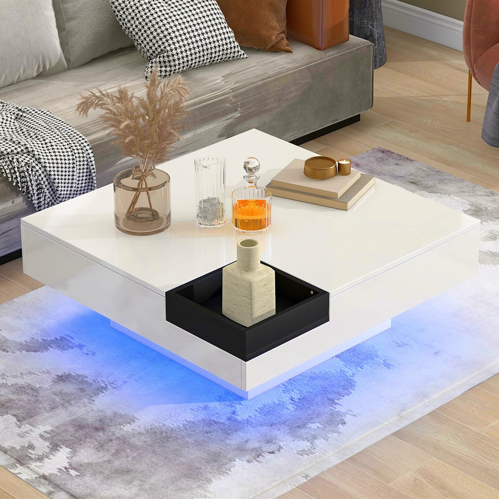 LED Coffee Table for Living Room High Gloss Square Wooden Center Table with 16-Color LED Light Modern Elegant Cocktail - Mycitystee