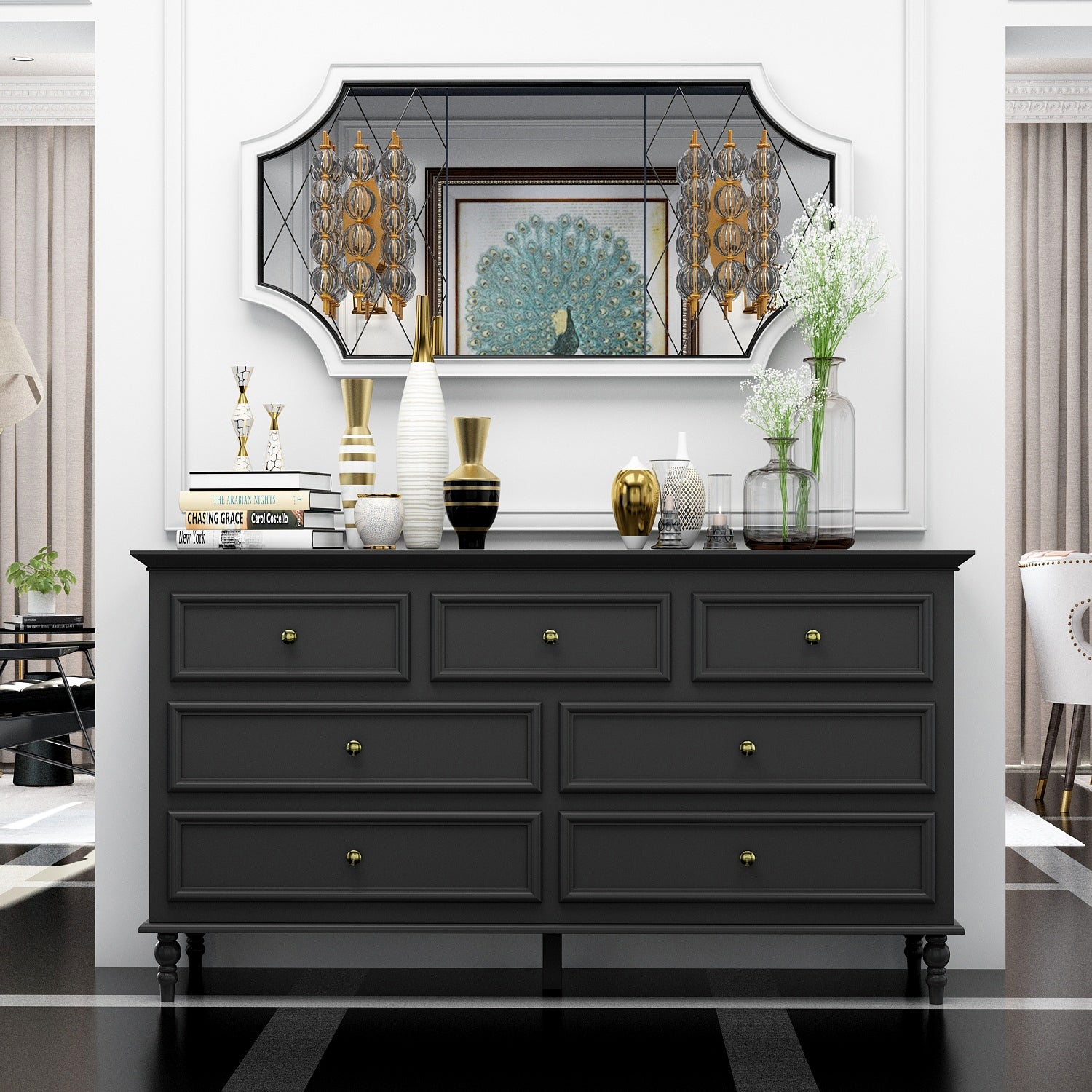 Contemporary 7 Drawer Bedroom Dresser with Modern Silver Color Handles - - 36902493 - Mycitystee