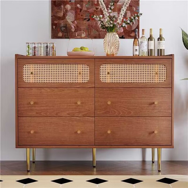 Grondin Mid-Century Modern Boho Style 6 Drawers Double Dresser， Dual Chest of Drawers with 2 Rattan Drawer Fronts - - 37963370 - Mycitystee
