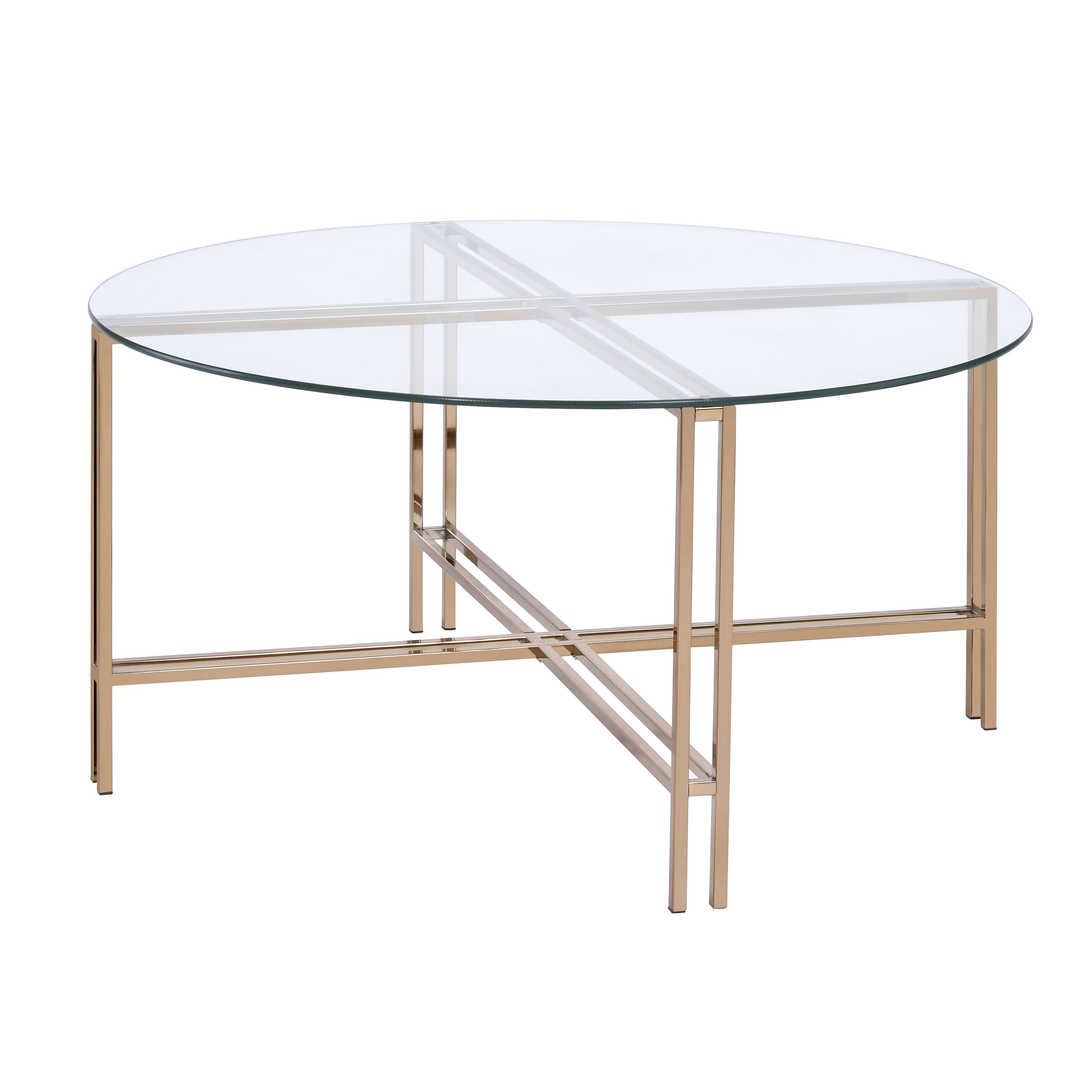 Coffee Table with X Shaped Metal Base and Round Glass Top， Gold - Mycitystee