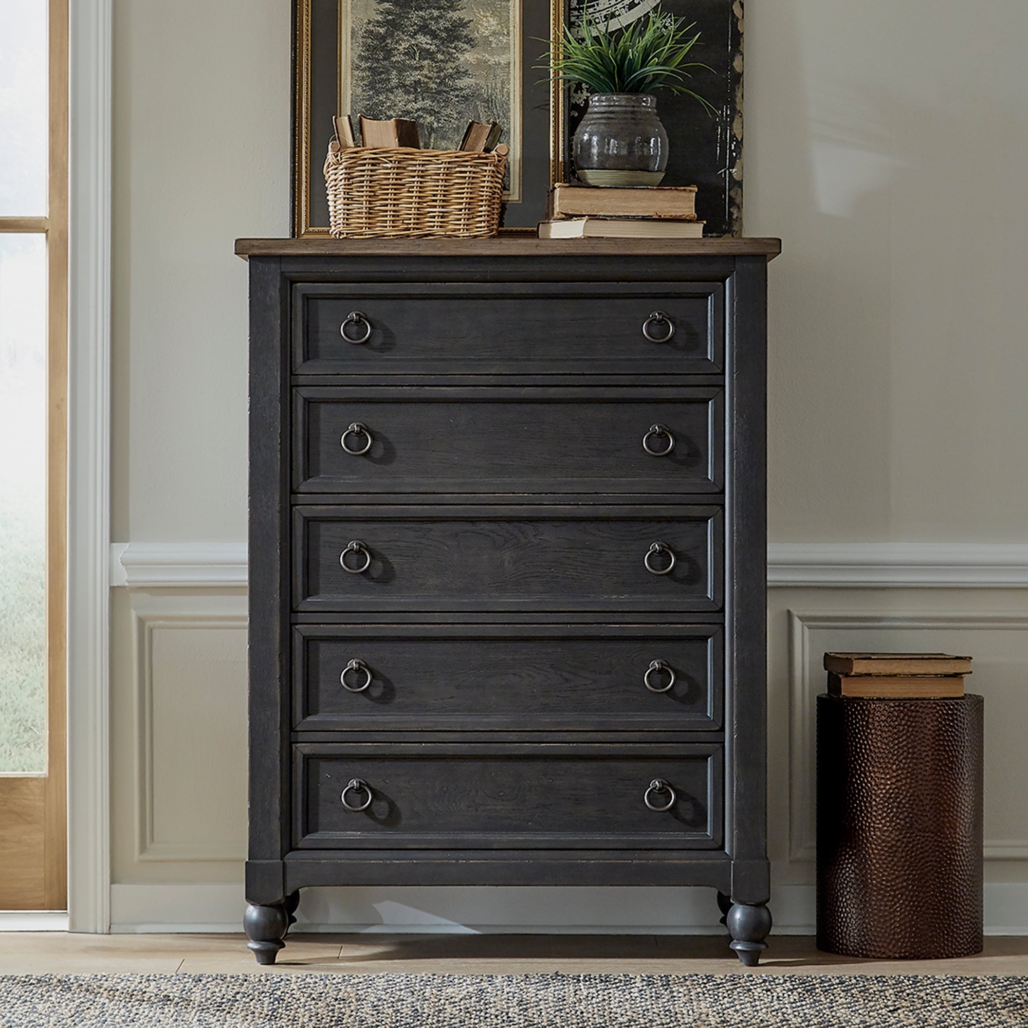Americana Farmhouse Dusty Taupe Black 5 Drawer Chest - - 36107953 - Mycitystee