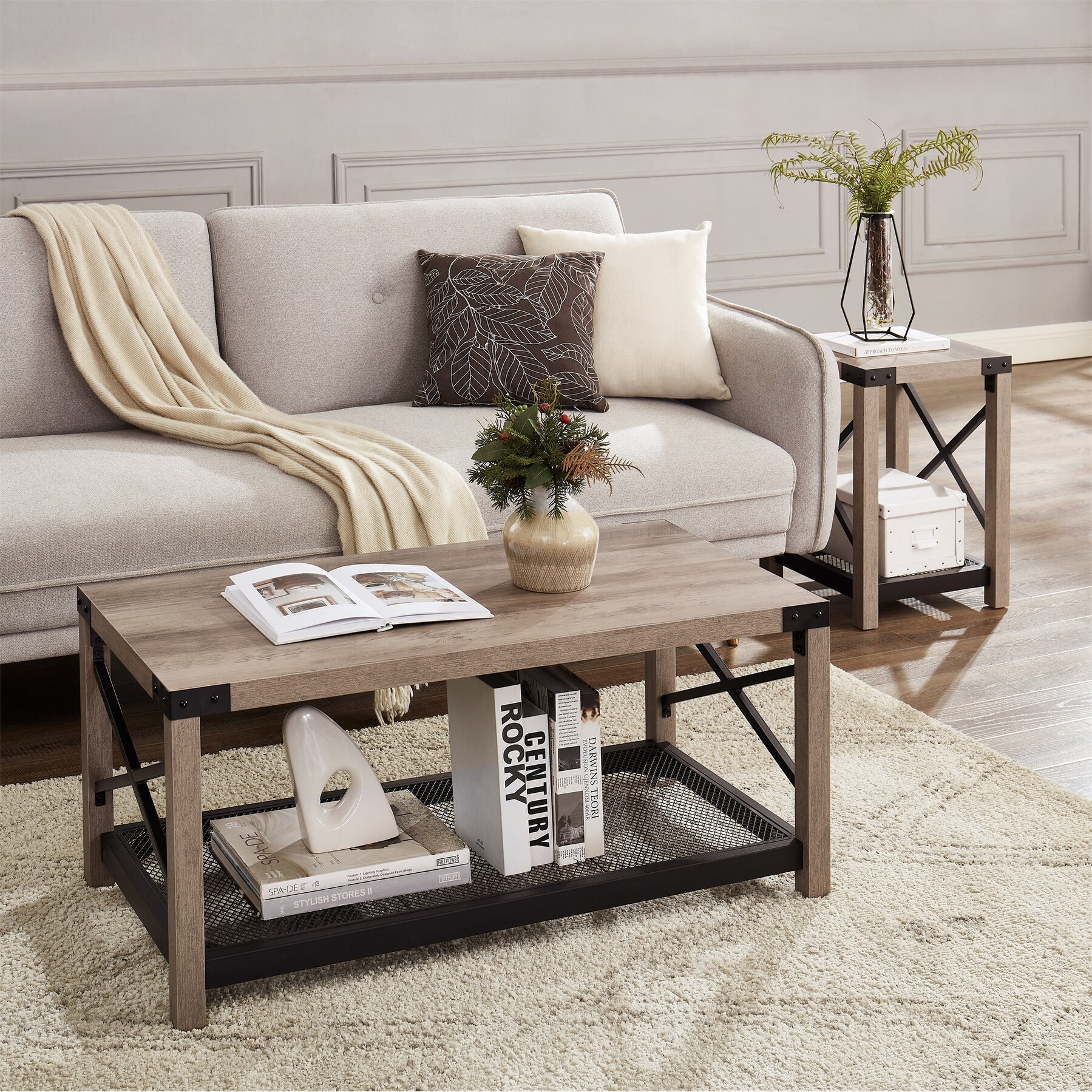 2-Tier Coffee Table Table with Mesh Shelf and Steel Frame - Mycitystee