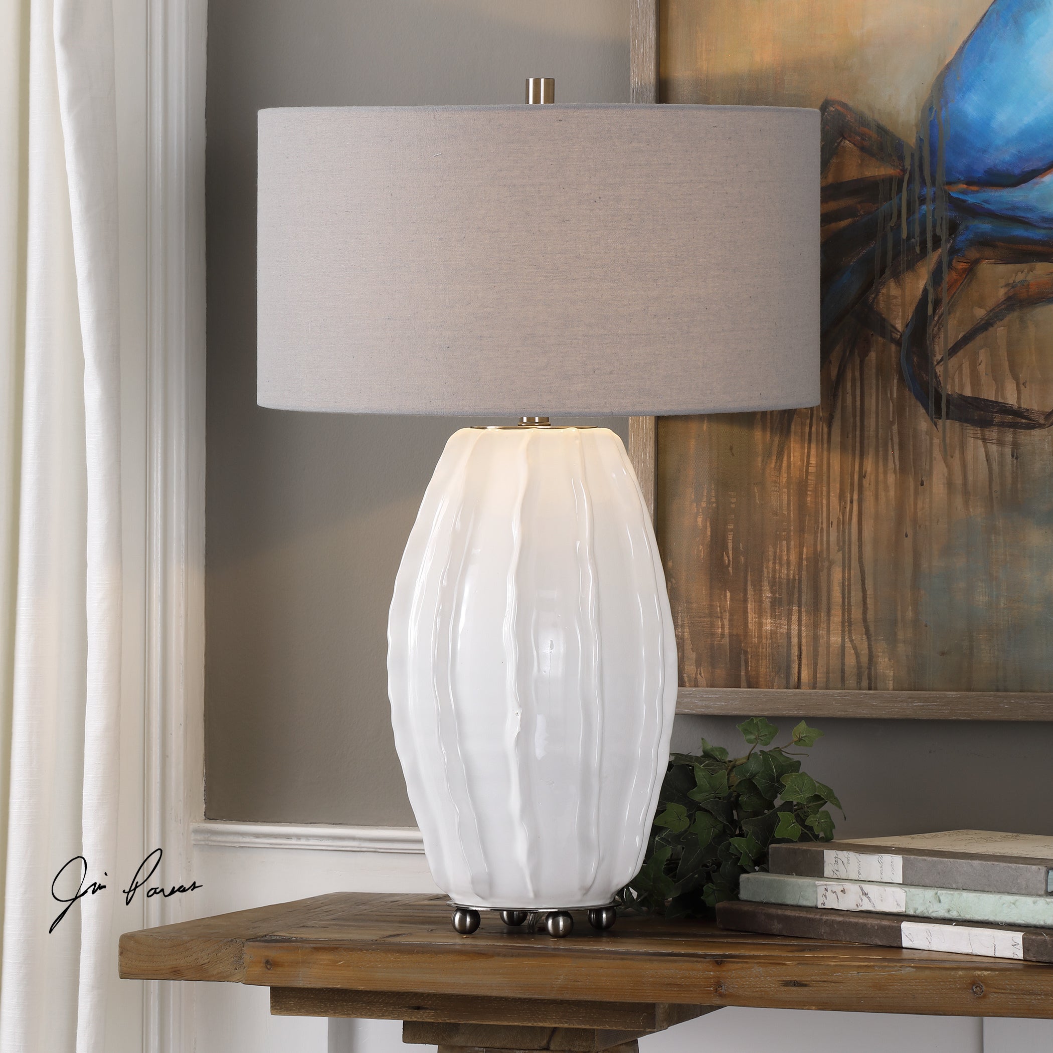 Uttermost Marazion Brushed Nickel Gloss White/Grey Steel/Ceramic/Fabric Table Lamp - Mycitystee