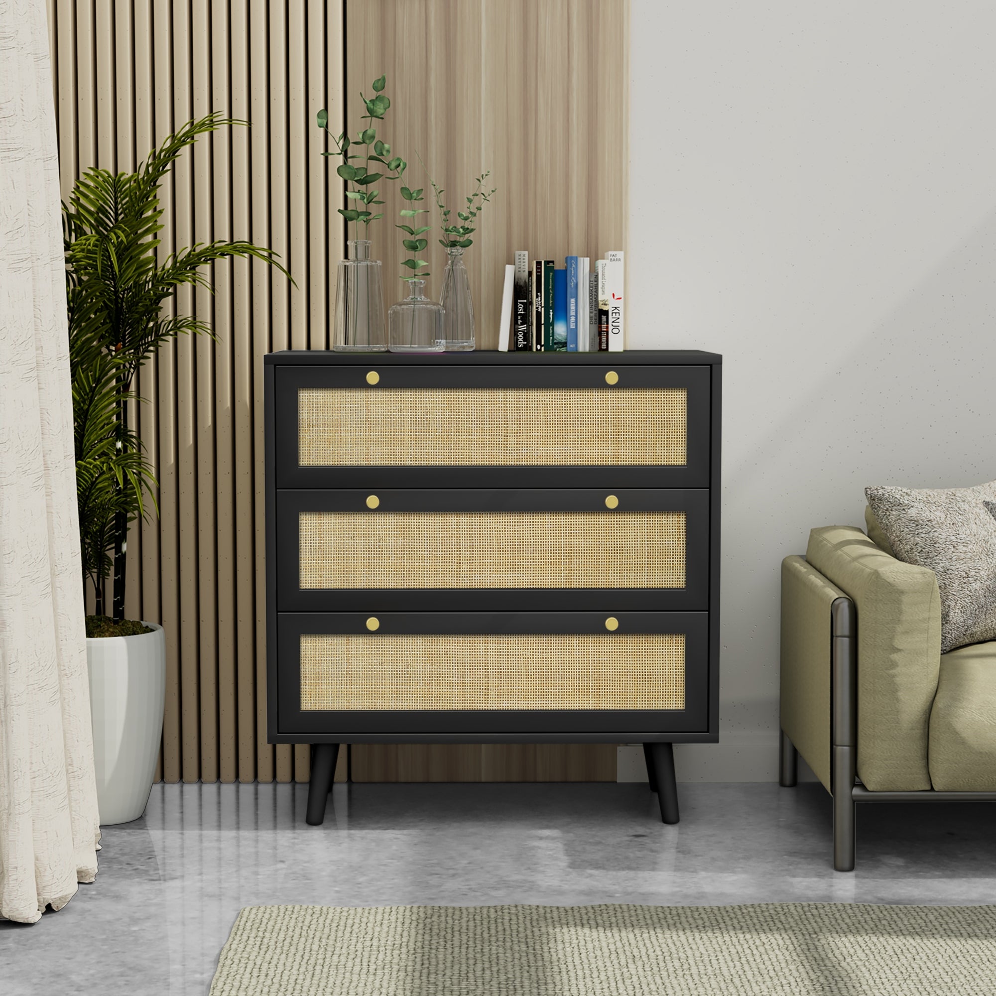 Anmytek Black 3-Drawer Chest of Drawers with Pine Wood Legs Farmhouse Rattan Dresser Black Cabinet 31.5 in W. x 36 in H. - - 37092071 - Mycitystee