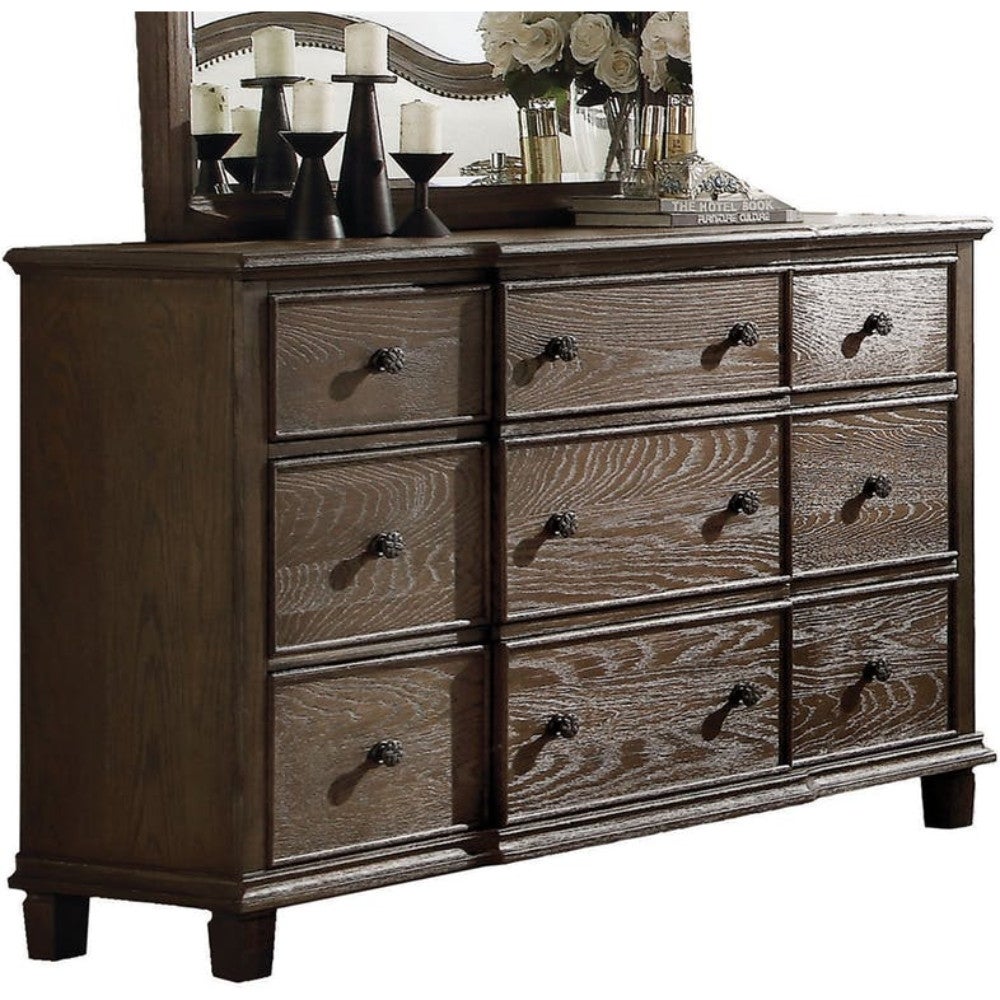 Nine Drawer Dresser With Round Knobs Side Metal Glide In Weathered Oak Finish - - 36686018 - Mycitystee